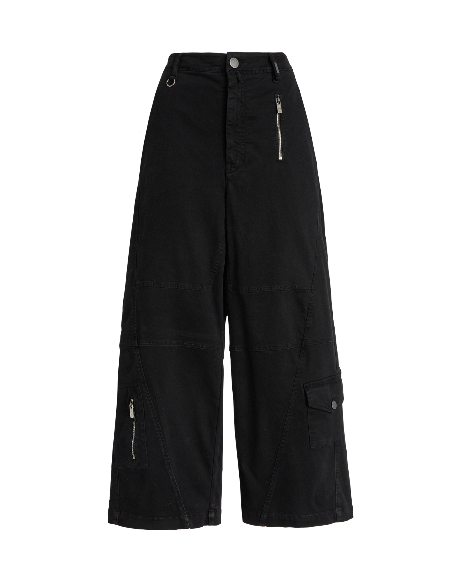 Frontalansicht der Hose OUT RUN mit weiter Silhouette, sichtbaren Steppnähten, asymmetrischen Schnittführungen, mehreren Taschen und Reißverschlüssen.