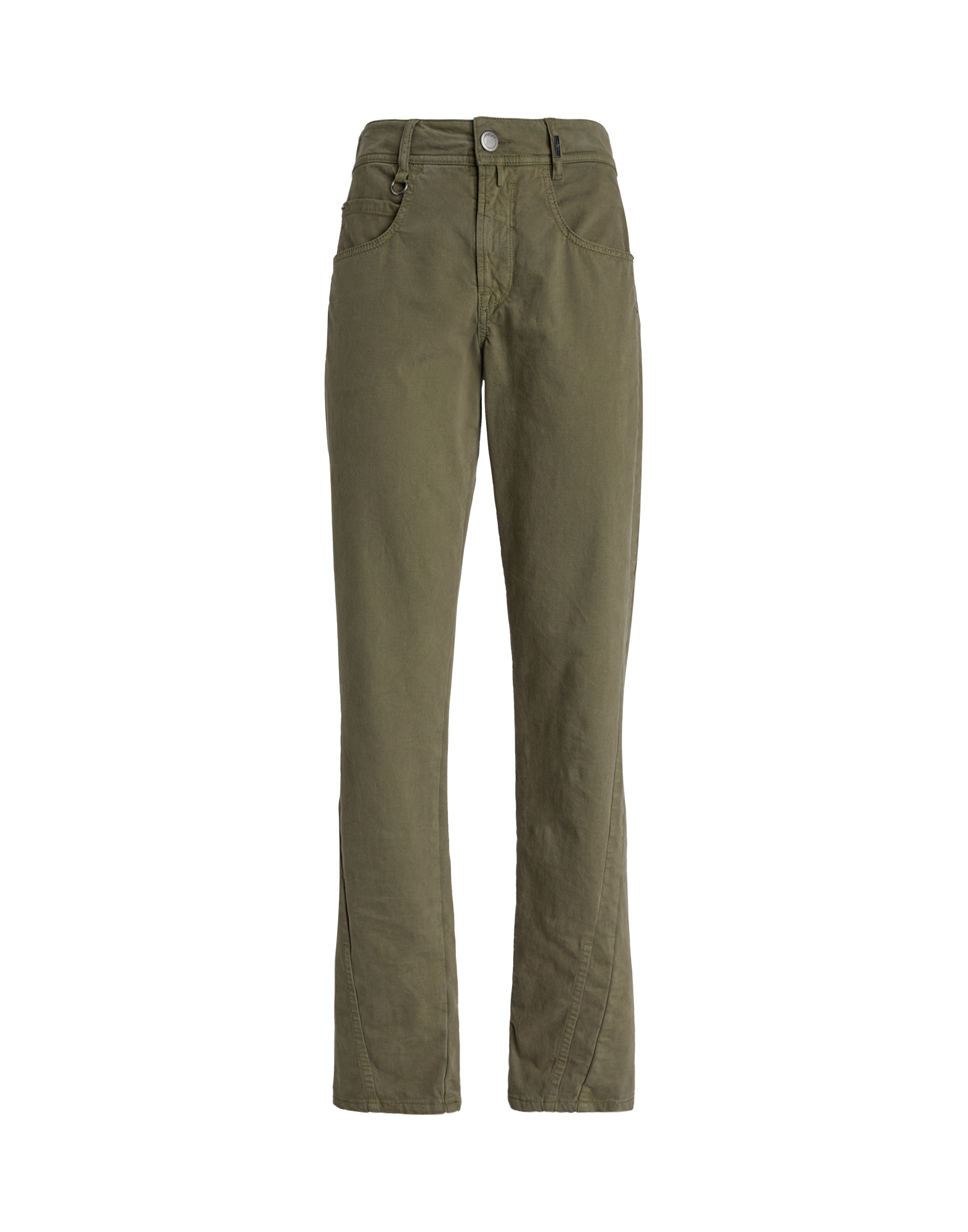 Front view of the HAPPLY pants in olive green, featuring visible seams, button and zip closure, belt loops, side pockets, and two back pockets.