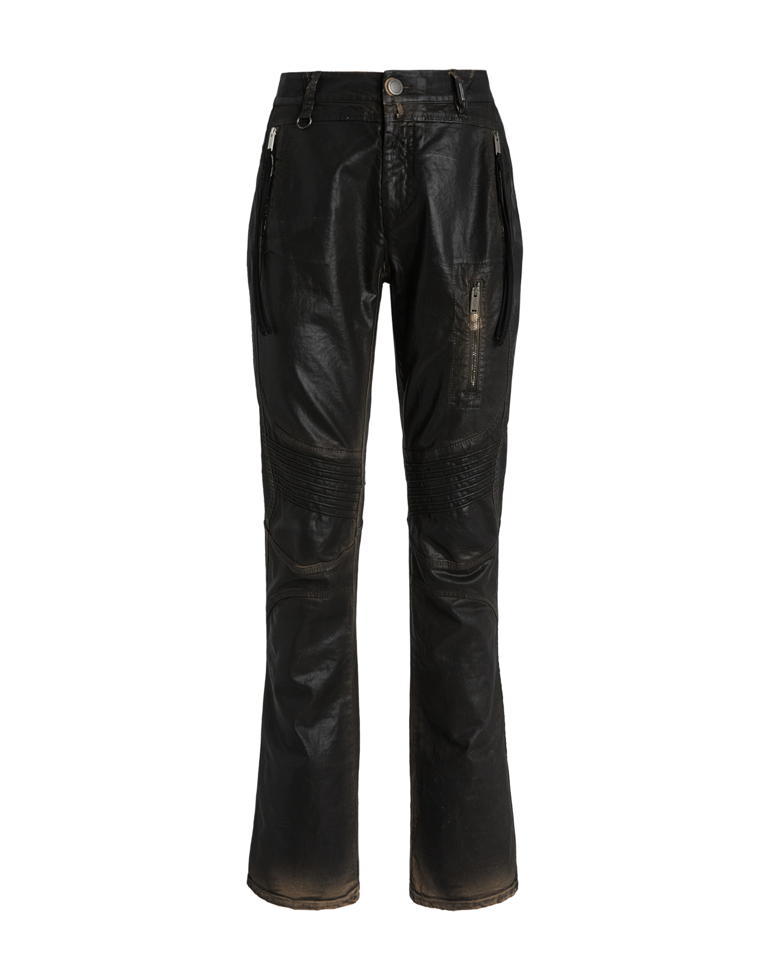 Front view of INKLING jeans with leather-like effect, zippers on front and side pockets, and stretch topstitching at the knees.