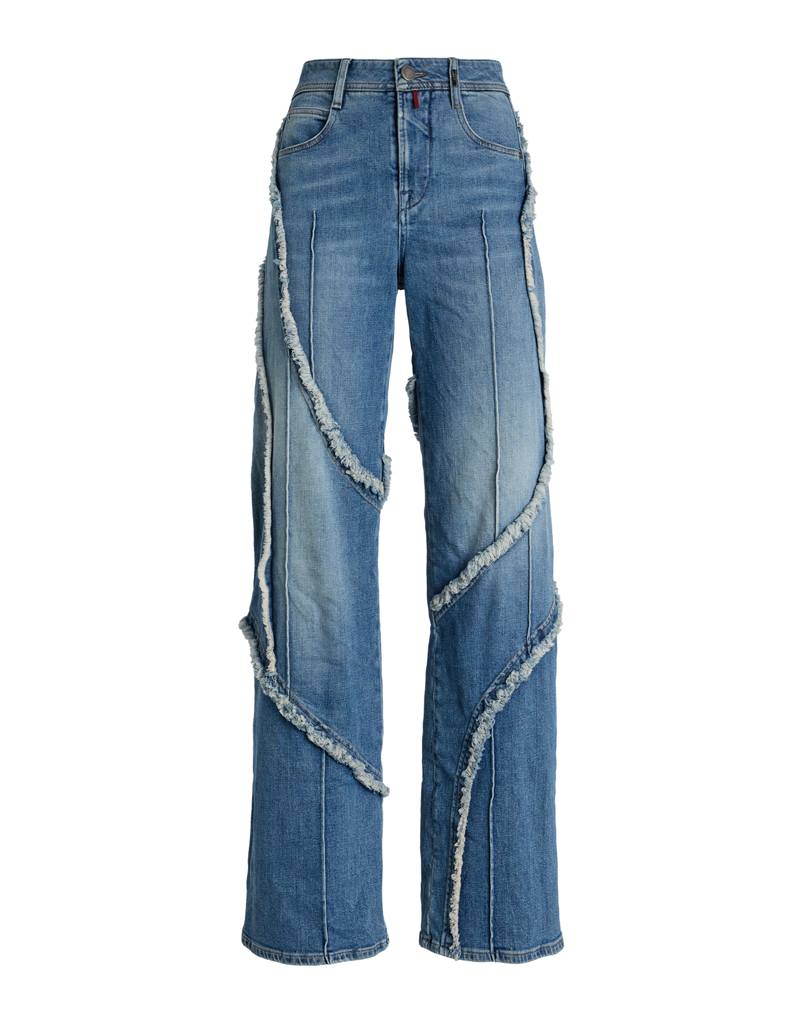 Front view of INDULGE jeans featuring wide leg, visible external seams, frayed open edges, light wash, classic front and back pockets.