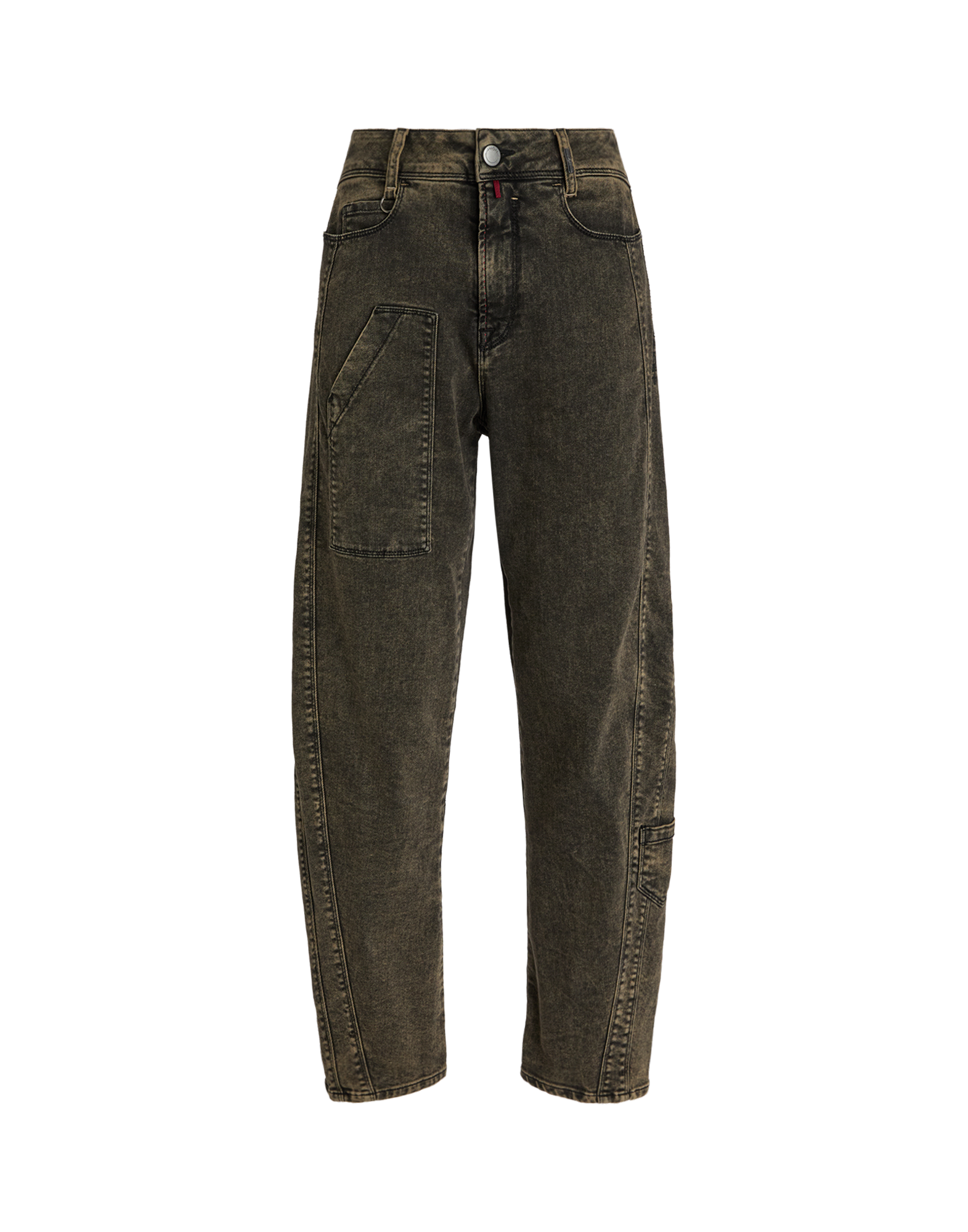 Front view of WIDE LEG SADDLE jeans featuring wide leg, used-effect, visible seams, front pockets, coin pocket, and slanted thigh pocket.