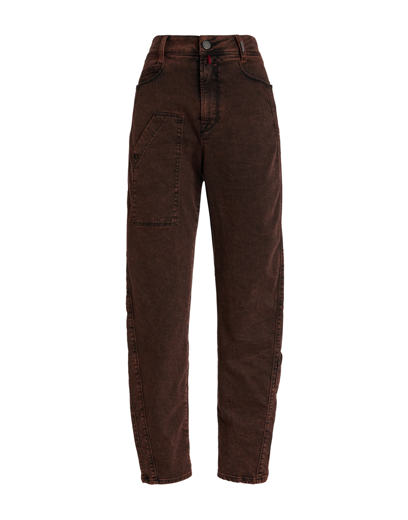 Front view: WIDE LEG SADDLE shows brown jeans with wide, straight leg, striking used effect, slanted pocket on the thigh, and visible topstitching.