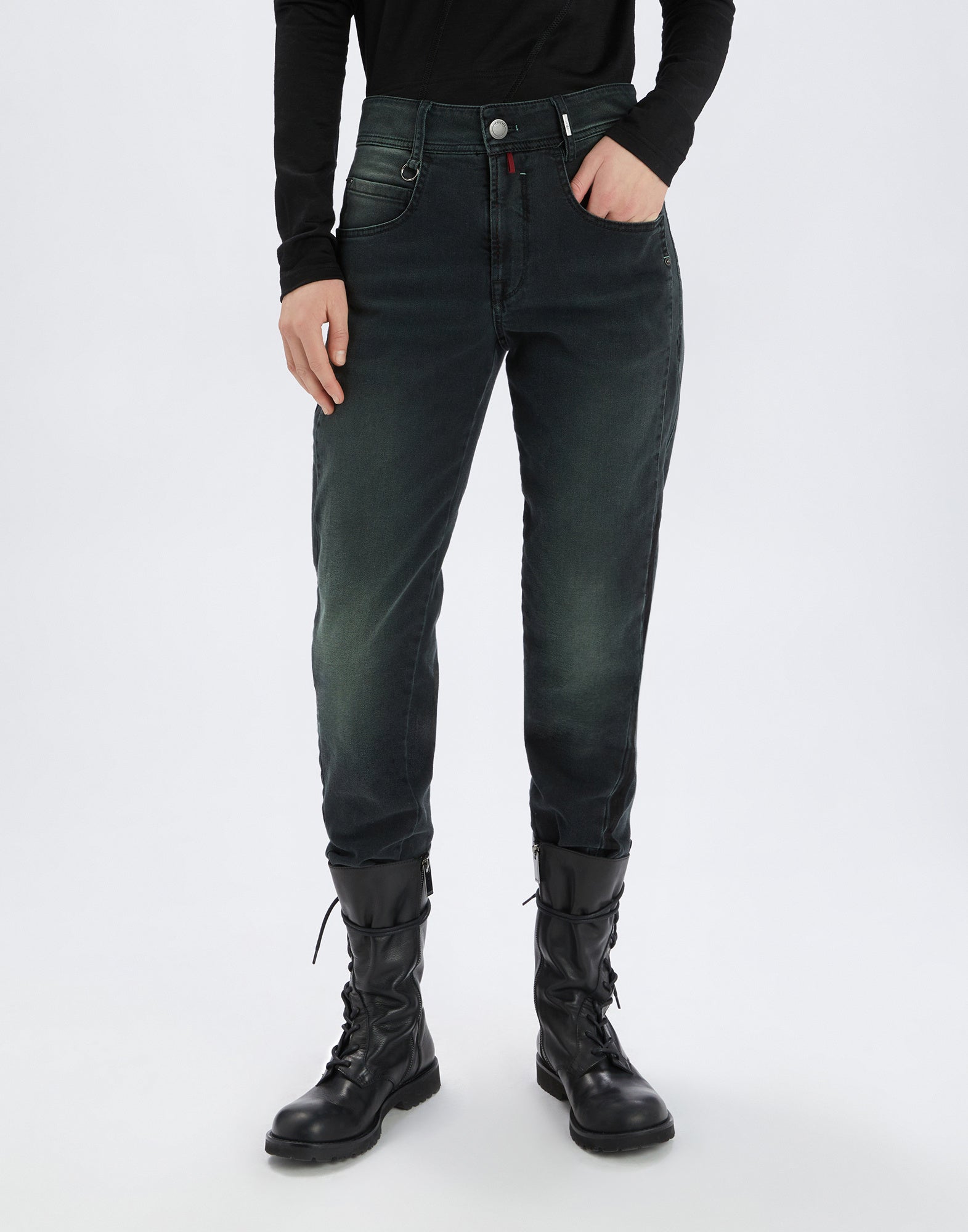 Front view: Person wearing HAPPLY jeans in dark denim with visible seams, belt loops, front button, side pockets, and patch back pockets.