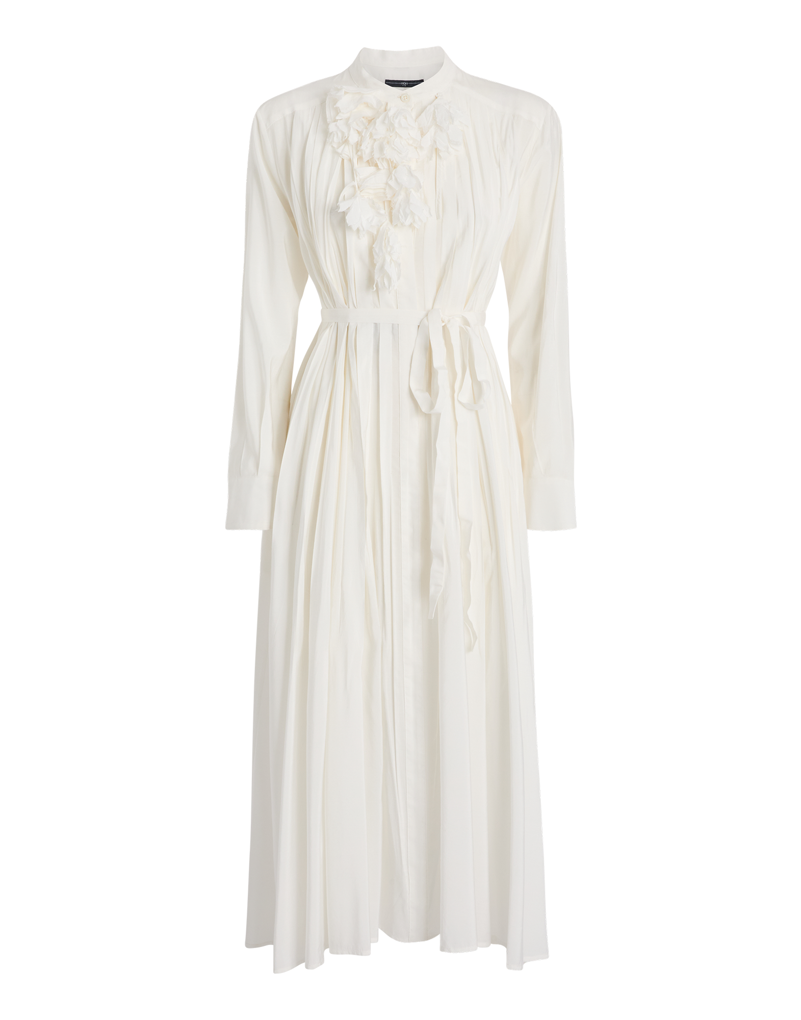 Front view of the GALAXY dress, white with mandarin collar, removable floral applique at the collar, long sleeves, belt, and asymmetrically rounded hem.