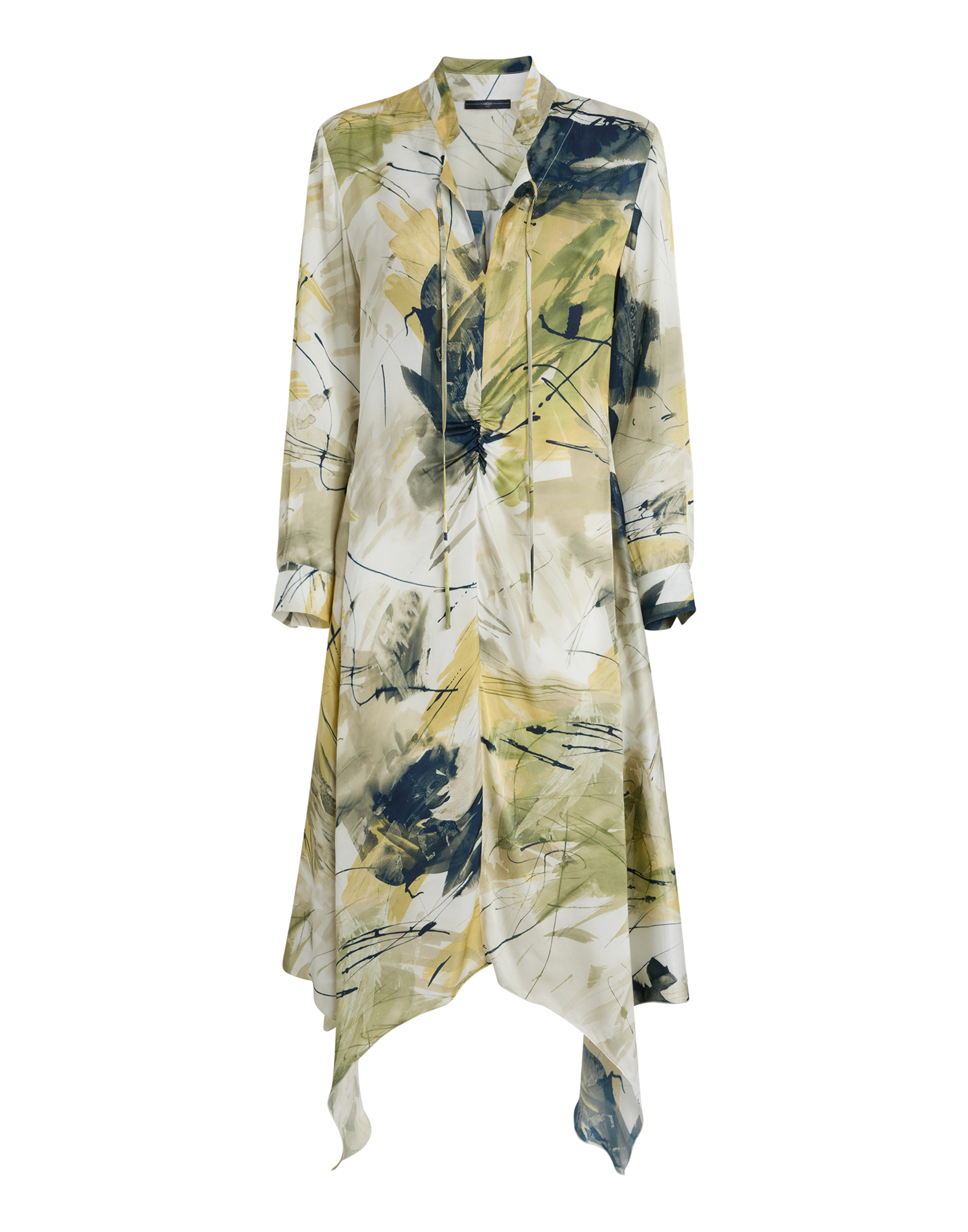 Front view of the FILO dress featuring abstract yellow and green print, long sleeves, mandarin collar, V-neckline, and asymmetric, uneven hemline.