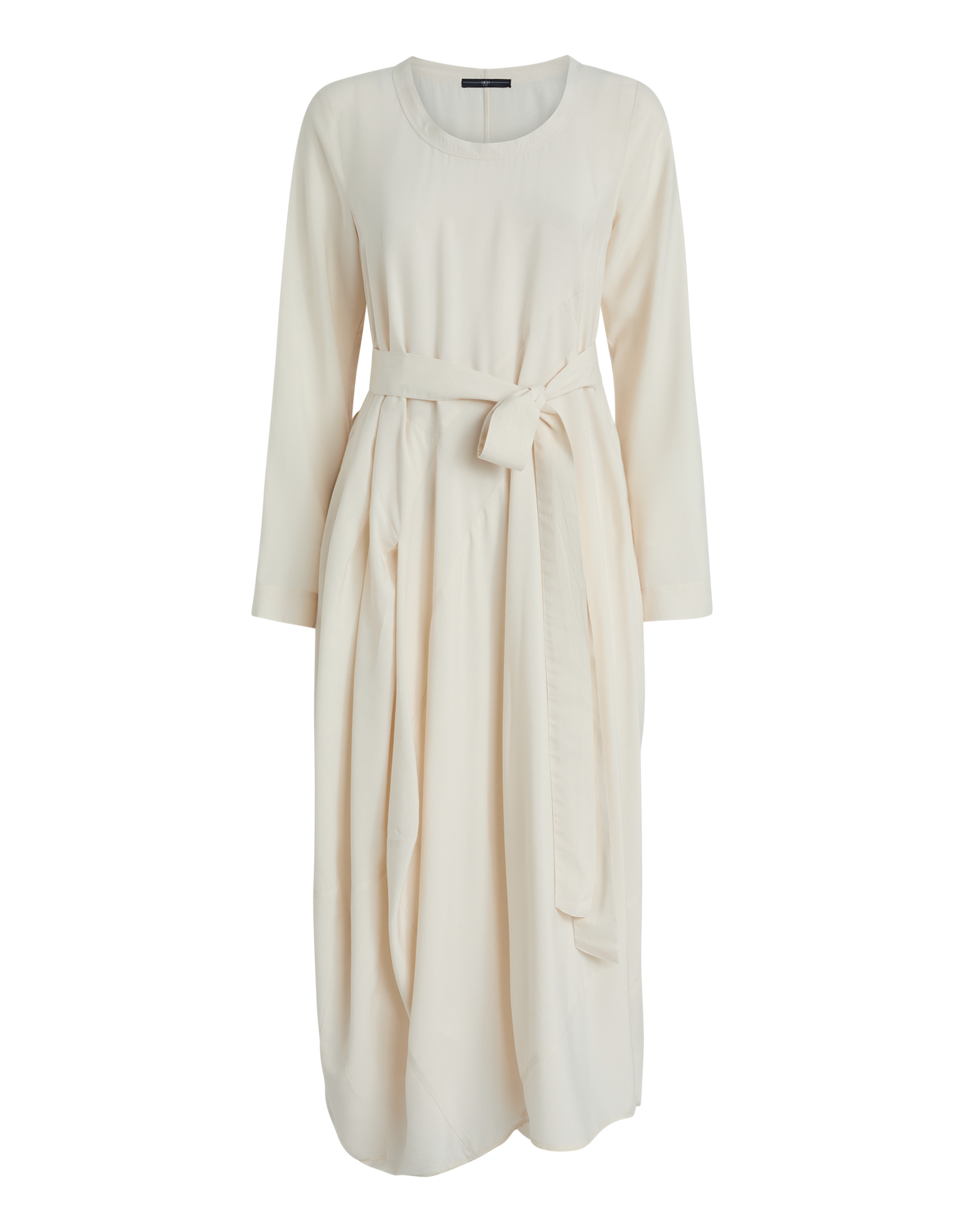 Front view of the AWAKENING dress in light cream, featuring round neckline, long sleeves, matching fabric belt, and balloon-shaped structured skirt.