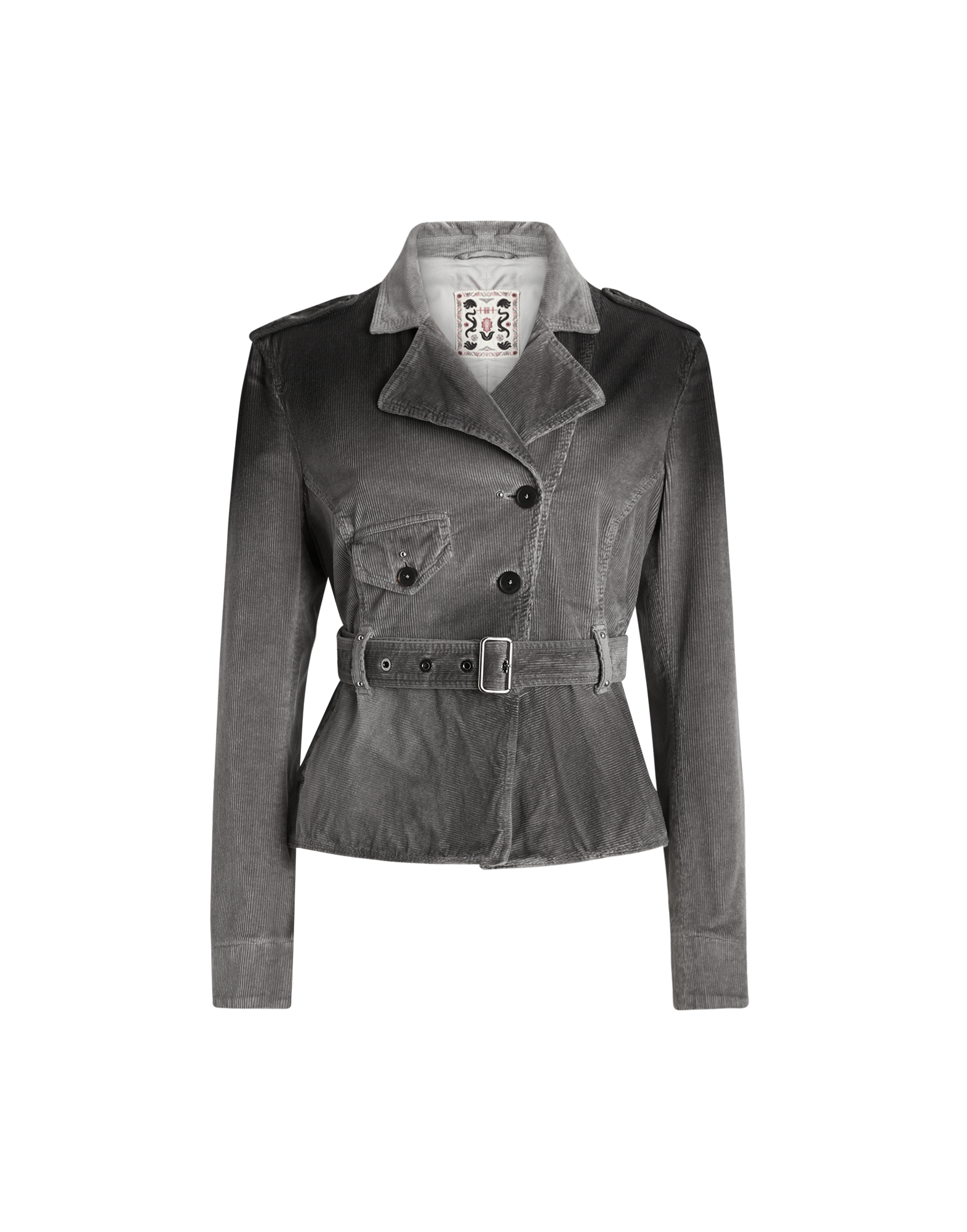 Frontalansicht der GIG Cord-Bikerjacke in Grau mit breitem Revers, doppelter Knopfleiste, Brusttasche, Taillengürtel und sichtbaren Nähten.