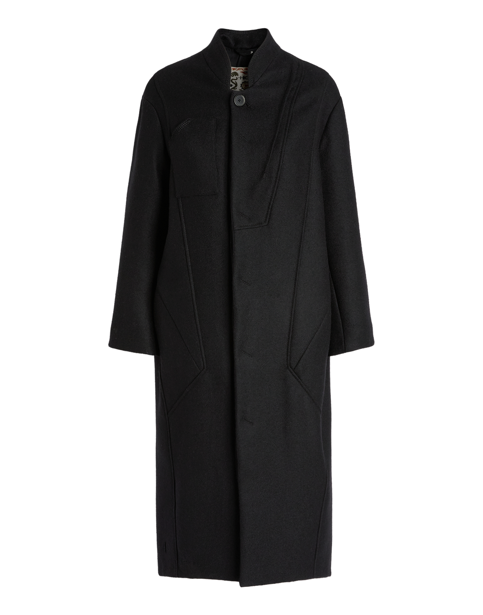 Front view of the black PANTO coat with stand collar, visible button closure at the shoulder and chest pocket, ankle-length with urban-chic appeal.