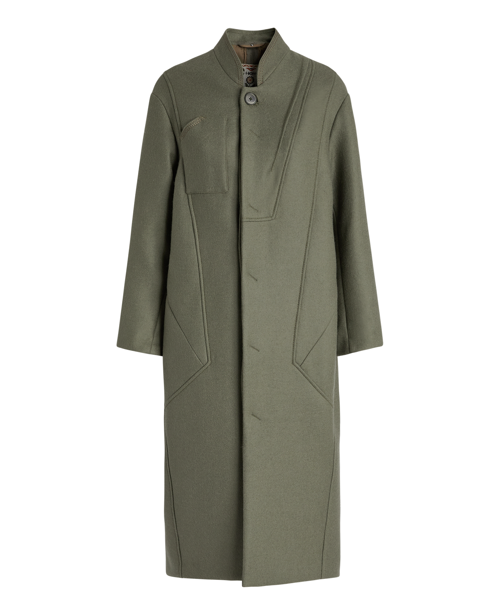 Front view of the PANTO coat in oversized fit, ankle length, in olive with stand collar, visible button and chest pocket, clean seams, side pockets.