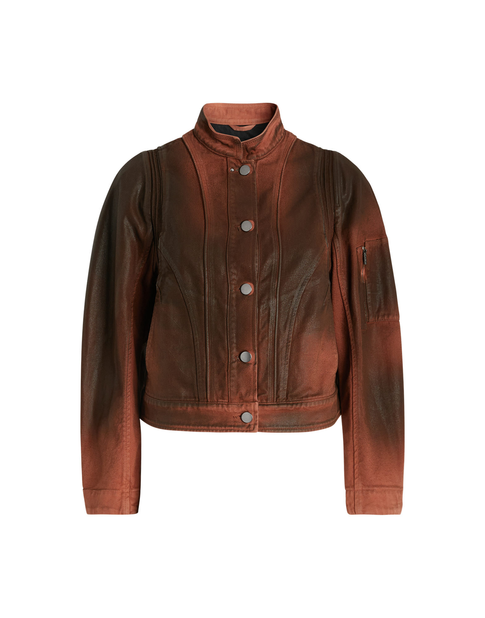 Frontalansicht der TENDRIL Jacke im Workwear-Stil mit Lederlook, Stehkragen, sichtbaren Nähten, Metallknopfleiste und Reißverschlusstasche am linken Arm.