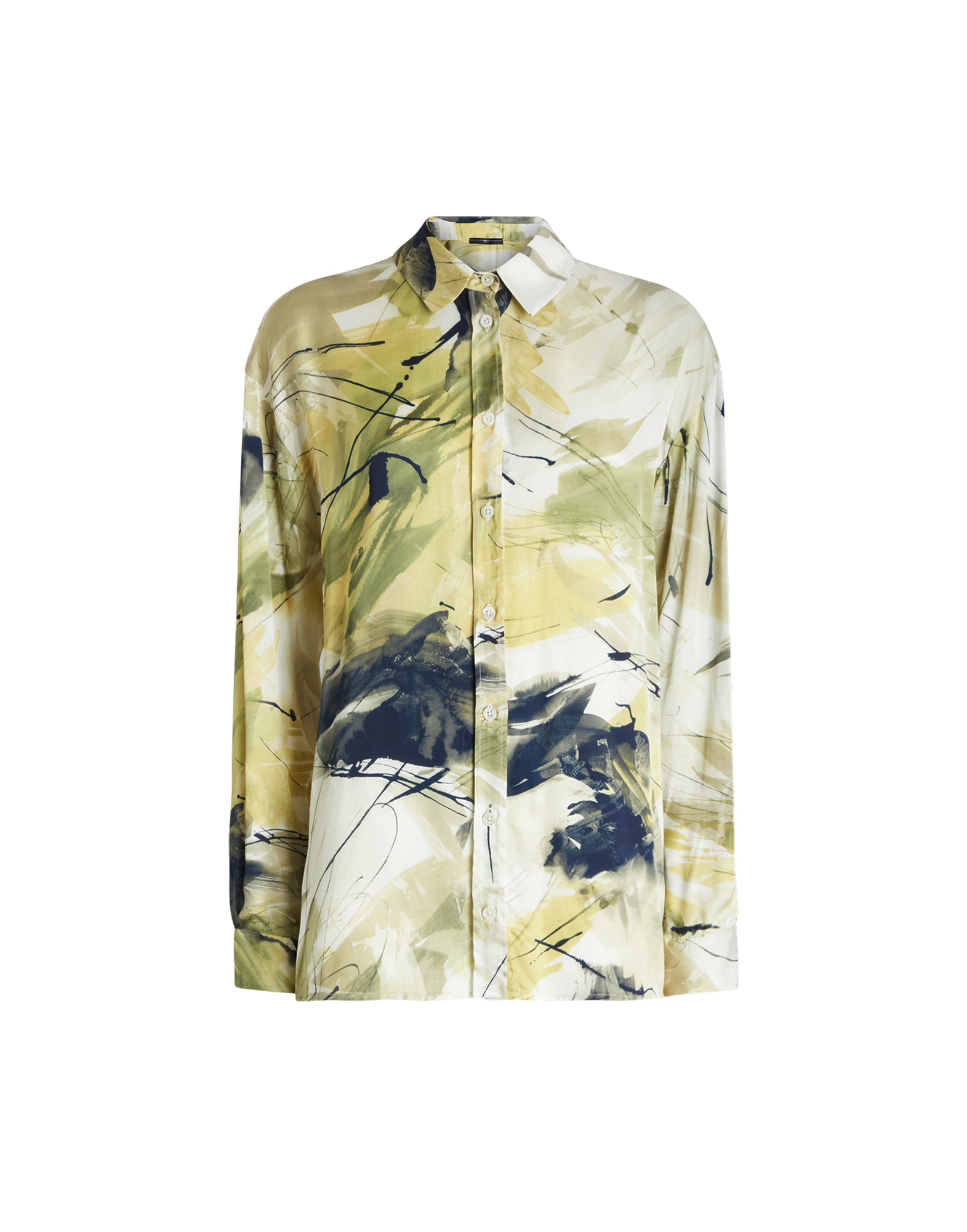 Front view of the KINFOLK shirt featuring abstract print in yellow, green, and cream tones, turn-down collar, front button closure, and long sleeves.