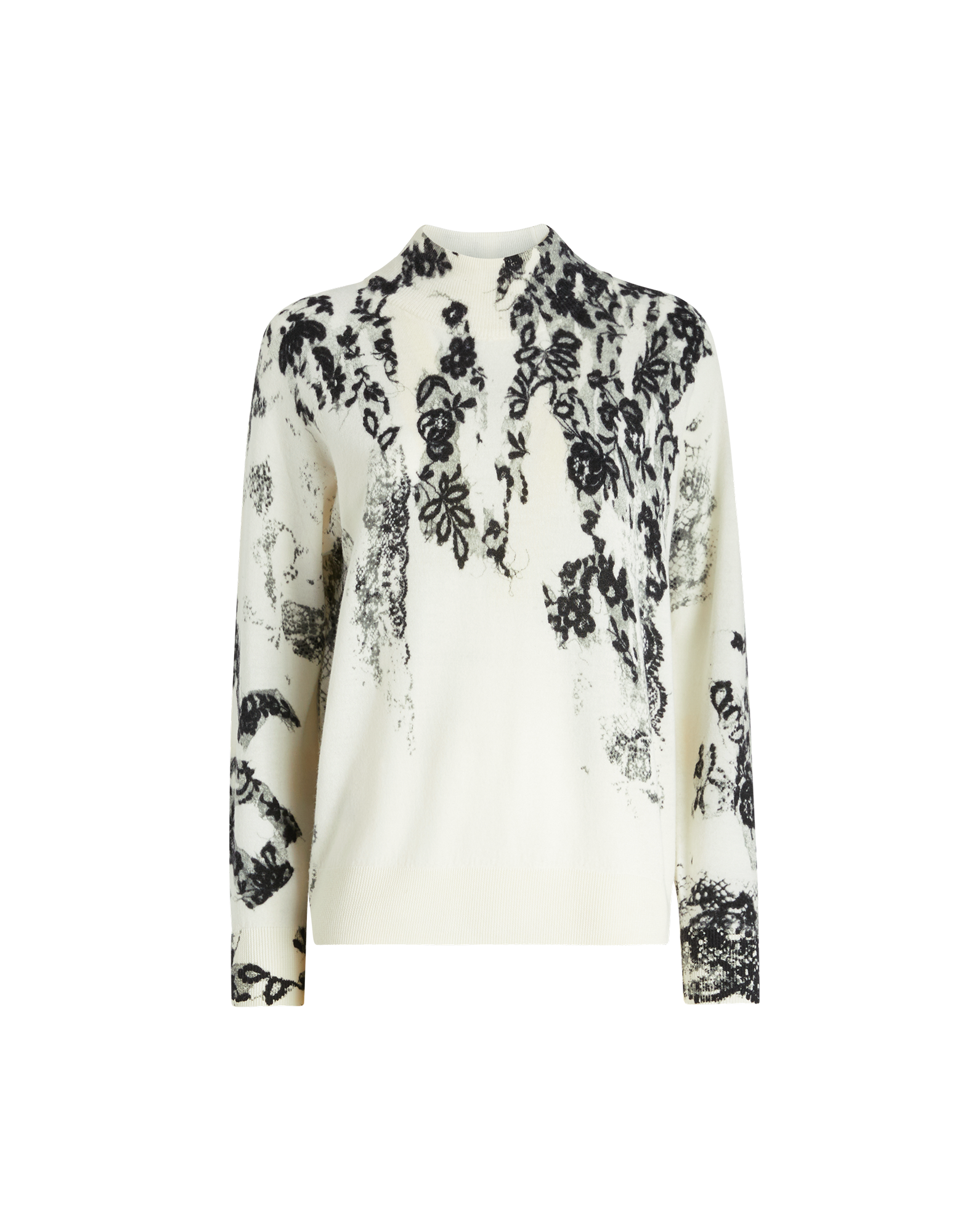 Frontalansicht des Merinowollpullovers RAMSEY mit feinem cremefarbenem Grund und künstlerischem schwarzen Blumenmuster, Stehkragen und Rippenbündchen.