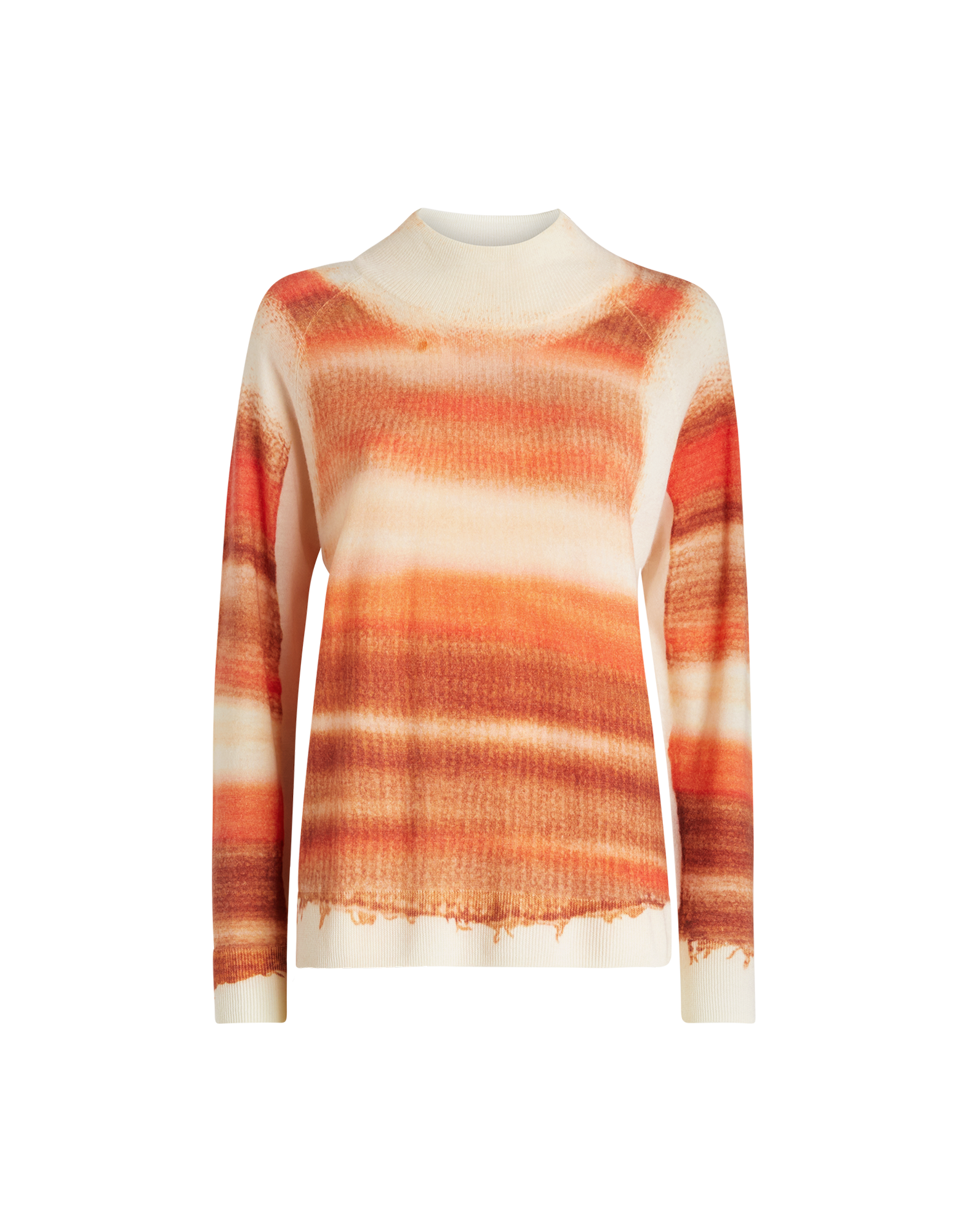 Frontalansicht des RAMSEY Pullovers, cremefarben mit gestreiftem Muster in Orangetönen, Stehkragen und langen Ärmeln, Saum und Bündchen gerippt.