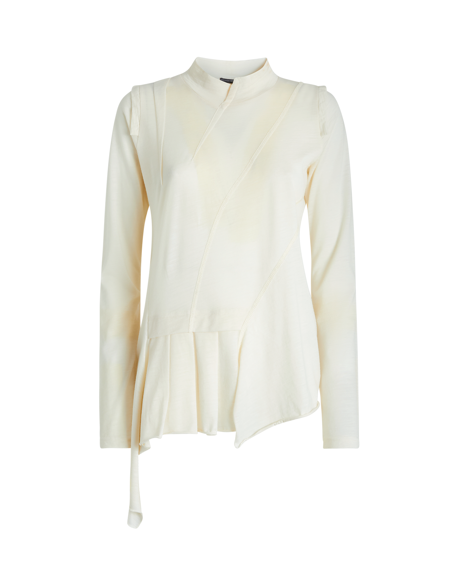 Front view of the MATELOT sweater in cream white, featuring stand collar, long sleeves, asymmetric cuts, front pleating, and side fabric insert on the right.