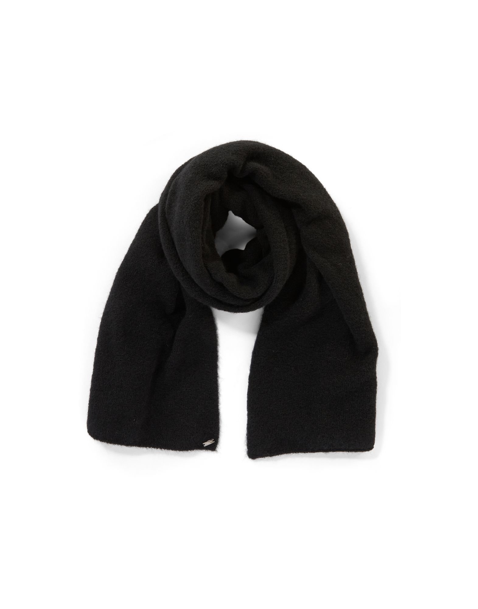 Front view of the FROSTY scarf in black stretch alpaca wool, loosely rolled and generously designed, with visible soft texture.