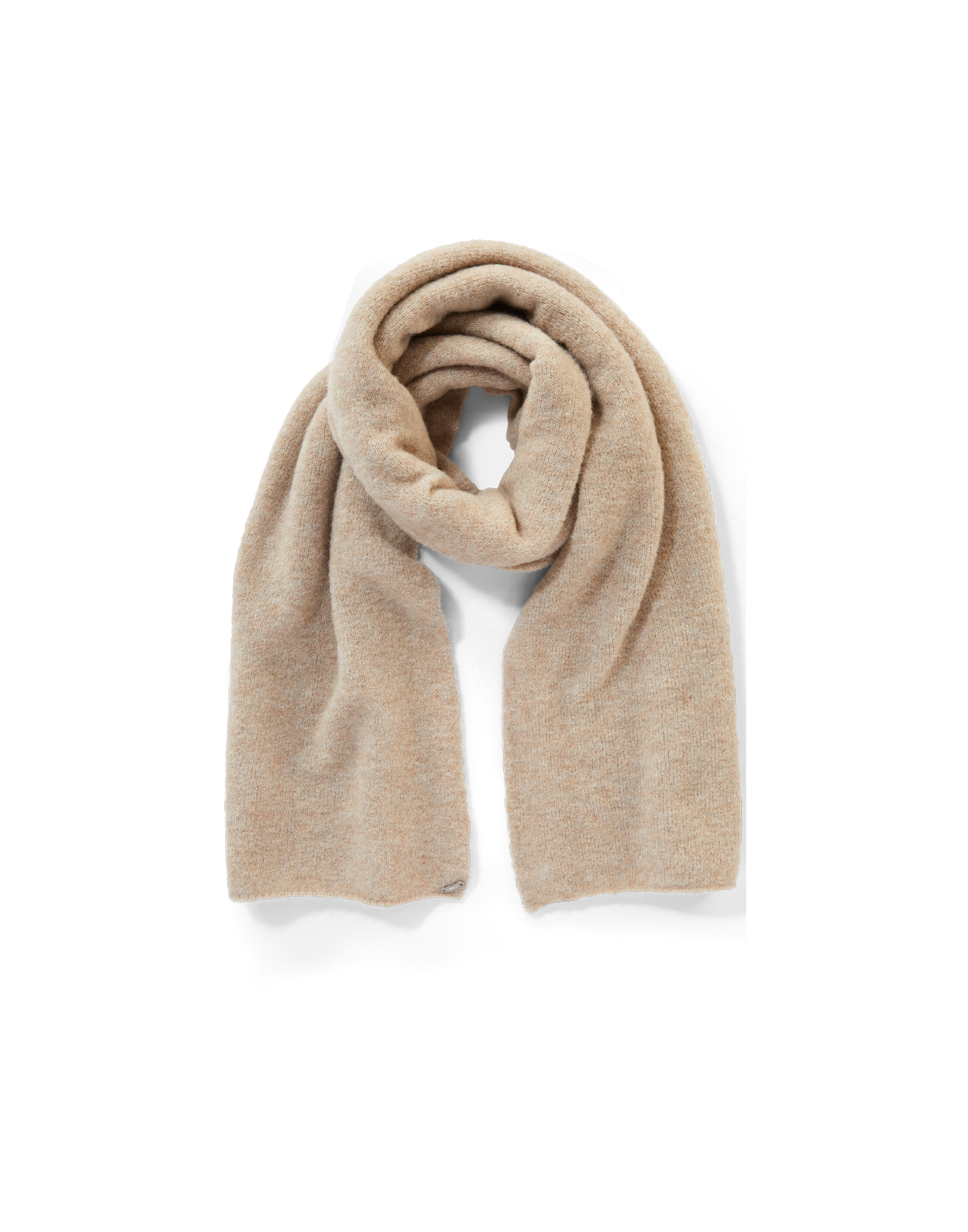 Front view of beige FROSTY stretch alpaca wool scarf, loosely rolled with soft, lightweight feel and generous width on black background.
