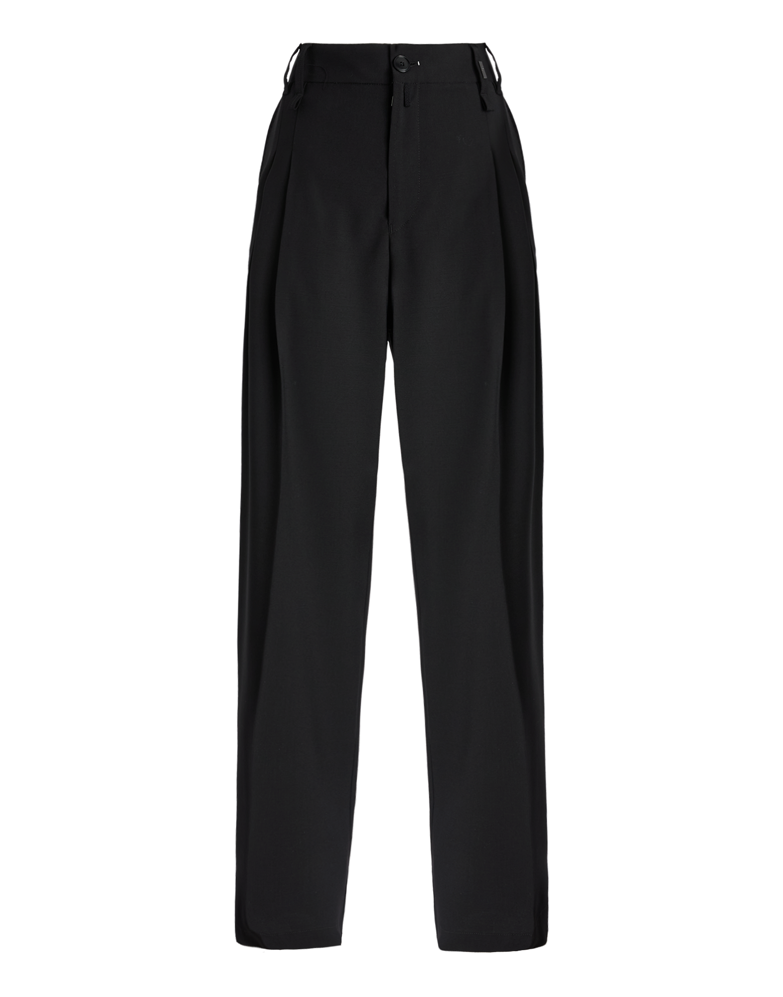 Front view of the black RELY pants in extra-fine wool, featuring pleats, belt loops, button closure, welt pockets, and distinctive darted hems.