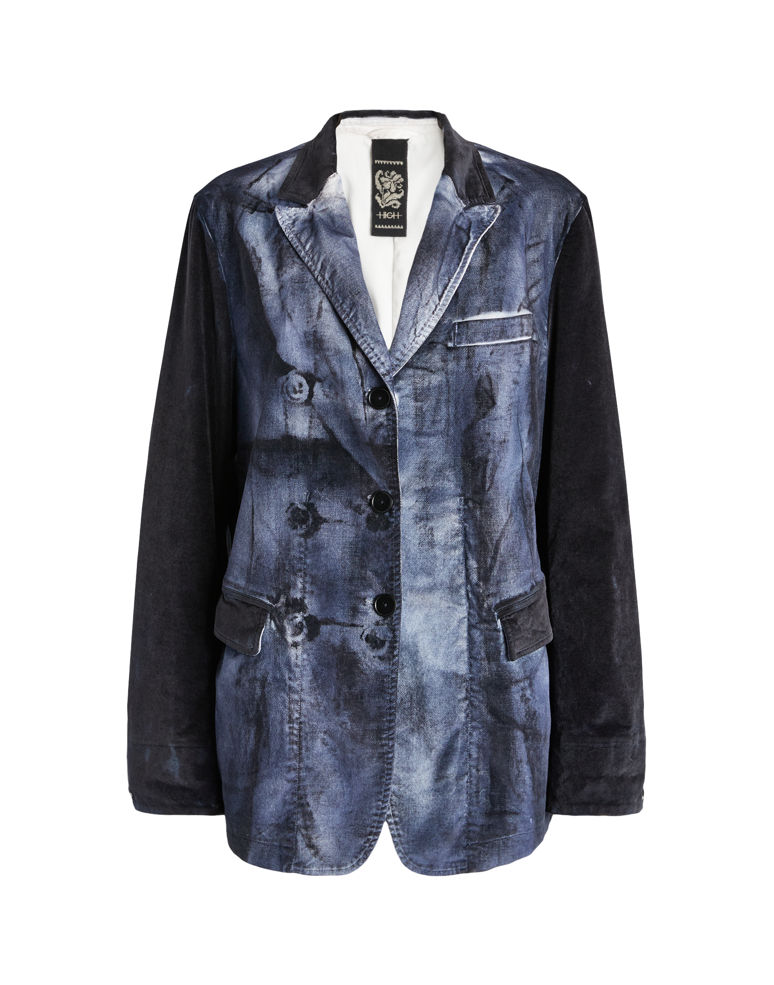 Front view of the LISTEN TO jacket featuring an oversized fit, distinctive blue ombre shading pattern, notched collar, three buttons, chest welt pocket, and two flap pockets.