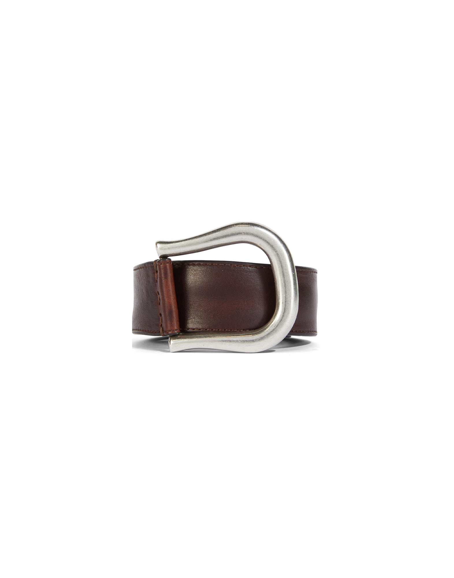 Front view of the SHORTY belt with a large antiqued silver buckle and dark brown calf leather, stylishly and intricately displayed.