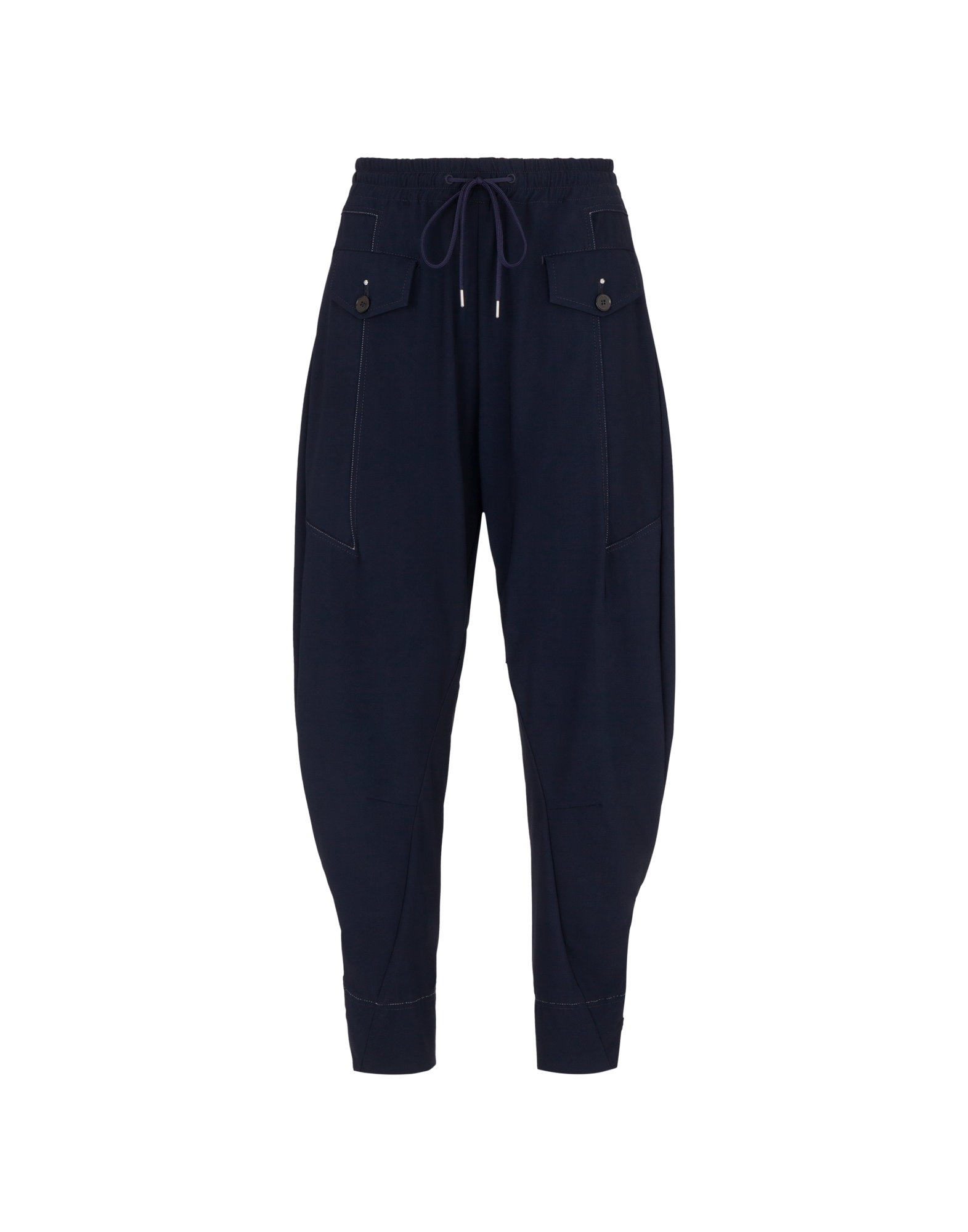 Front view of JAUNTY jogger pants with tapered cut, drawstring waistband, and side buttoned pockets in sporty Sensitive(R) jersey.