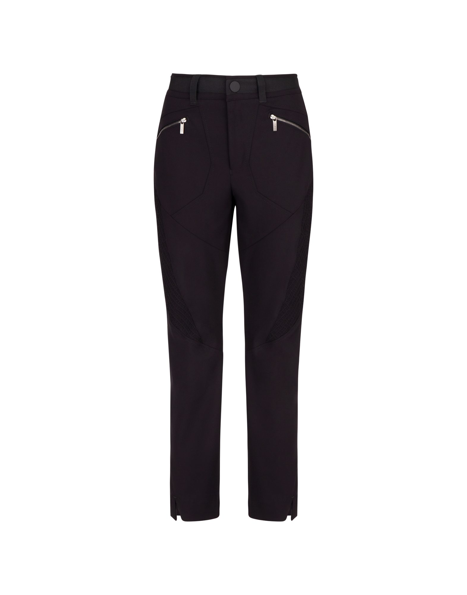 Front view of DEVIATE pants in tech twill, with front zip pockets, contrast stitching, and motocross-inspired panels on the legs.