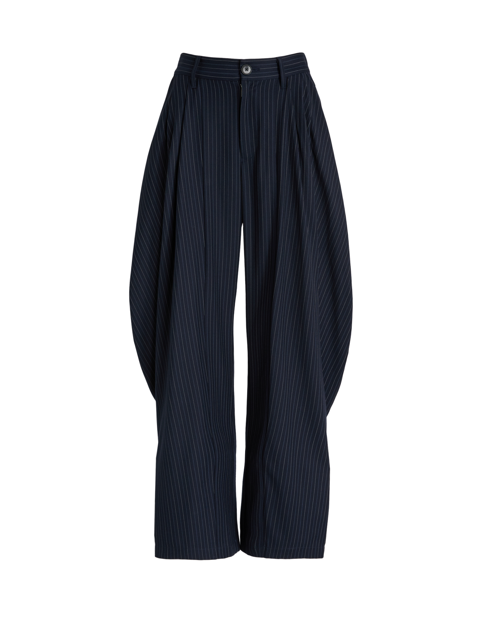Front view of the AMIDST pants featuring signature draping at the hips, deep pleats, belt loops and visible button, fine pinstripes.