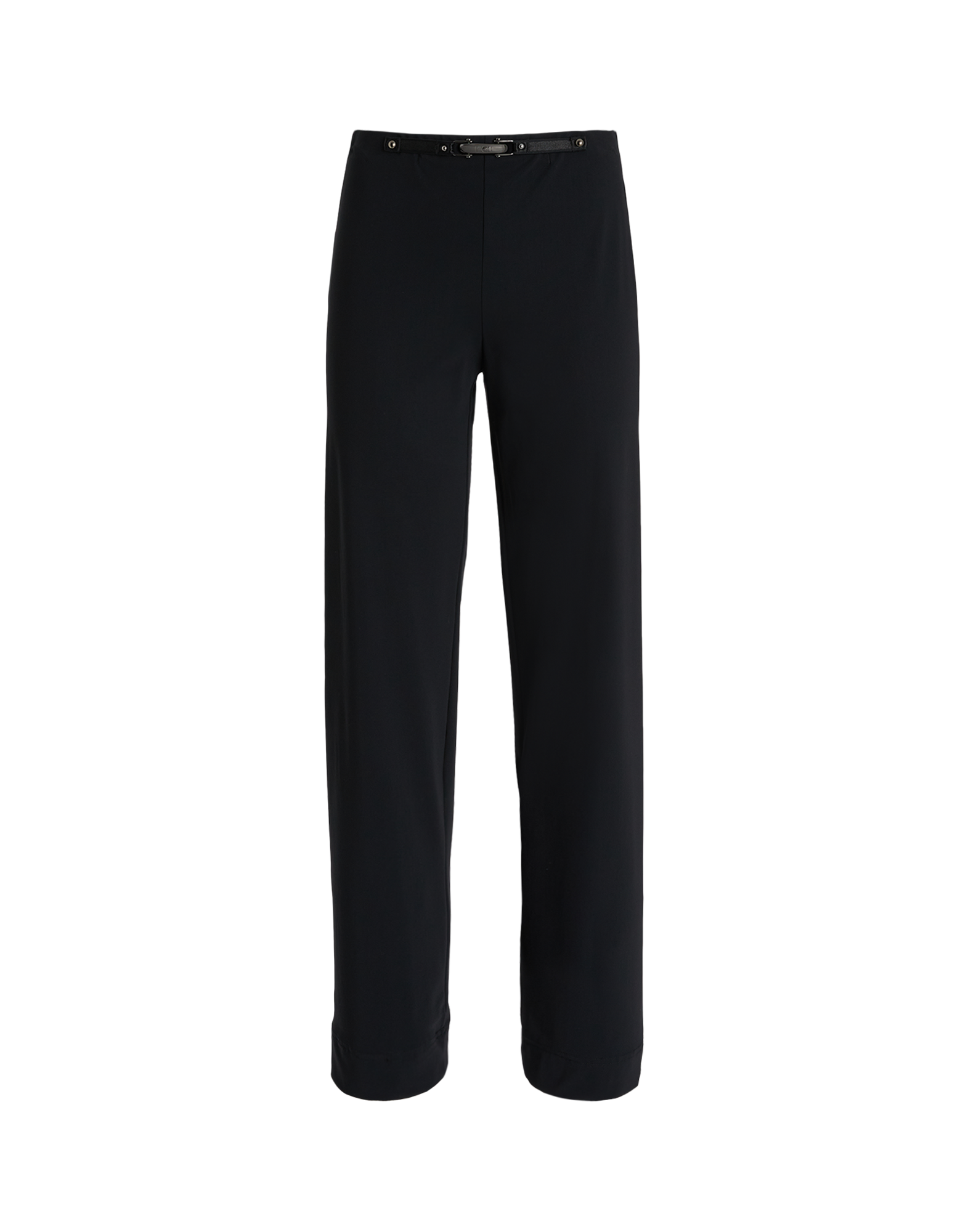 Front view of the PROCEED pants in black, featuring an elasticated waistband and central leather-metal embellishment, no visible seams or pockets, flowing silhouette.