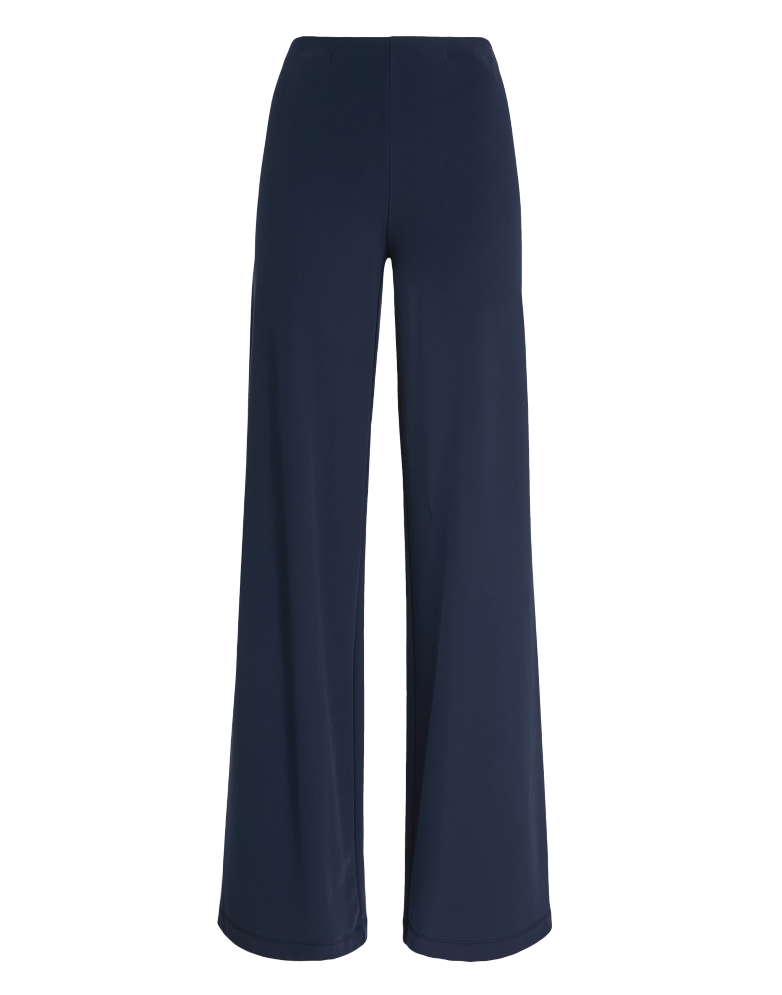 Front view of MARCH pants in dark blue. The pants feature a minimalist design with wide leg, elastic waistband, and no visible pockets.