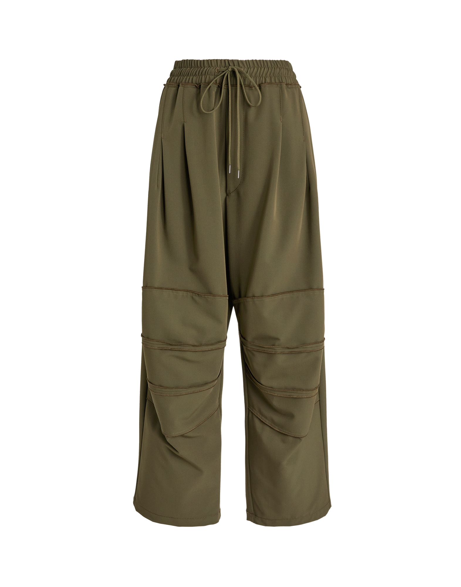 Front view of SHEILA pants in olive green, featuring elastic waistband with drawstring, decorative topstitching, pleats, and knee panel effect, streetwear style.