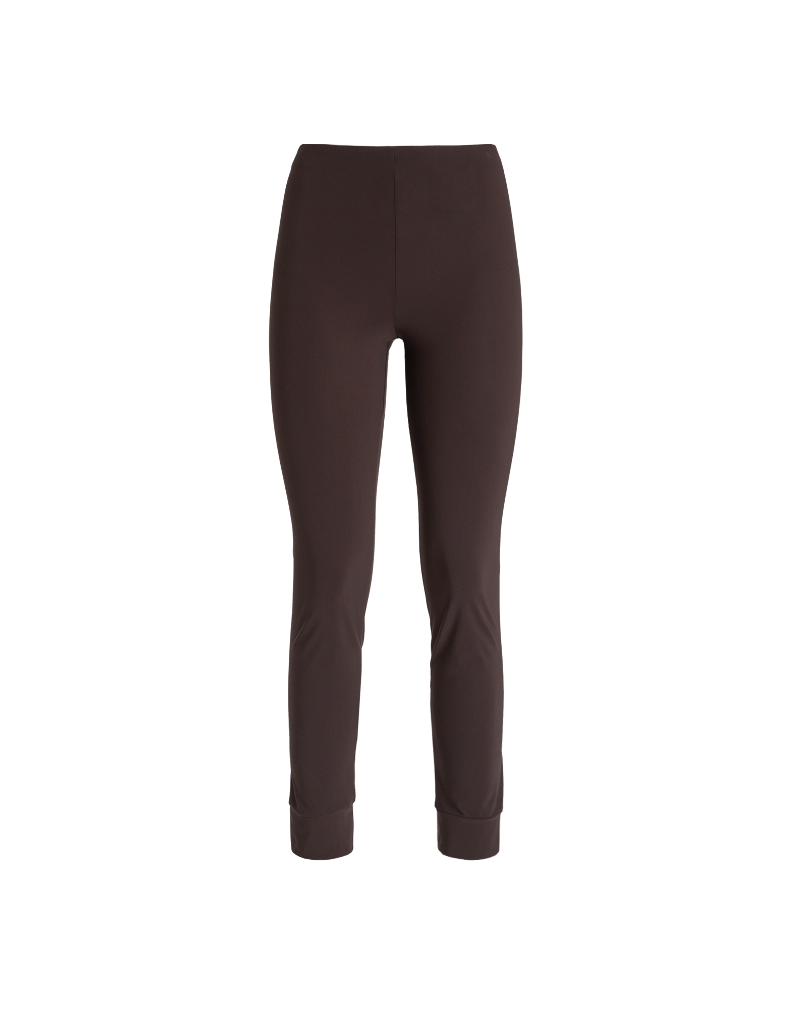 Front view of the JEEPERS, seamless dark brown leggings made from Sensitive(R) fabric with elastic waistband and high cuffs at the hem.