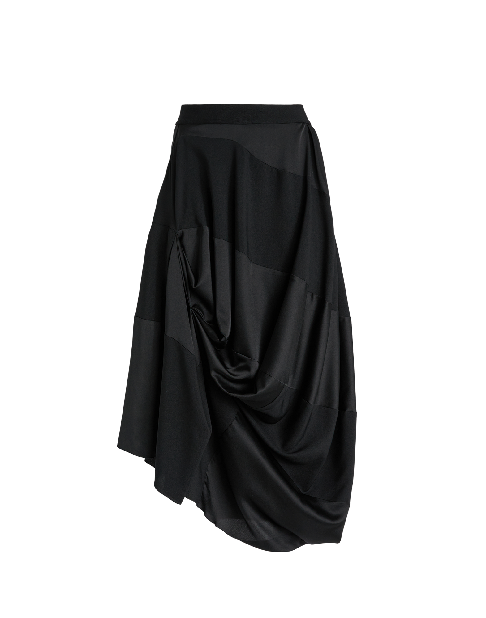 Front view of the GEEK skirt in black tech satin featuring asymmetric draping, midi length, and elasticated waistband. The skirt has a silky handfeel.