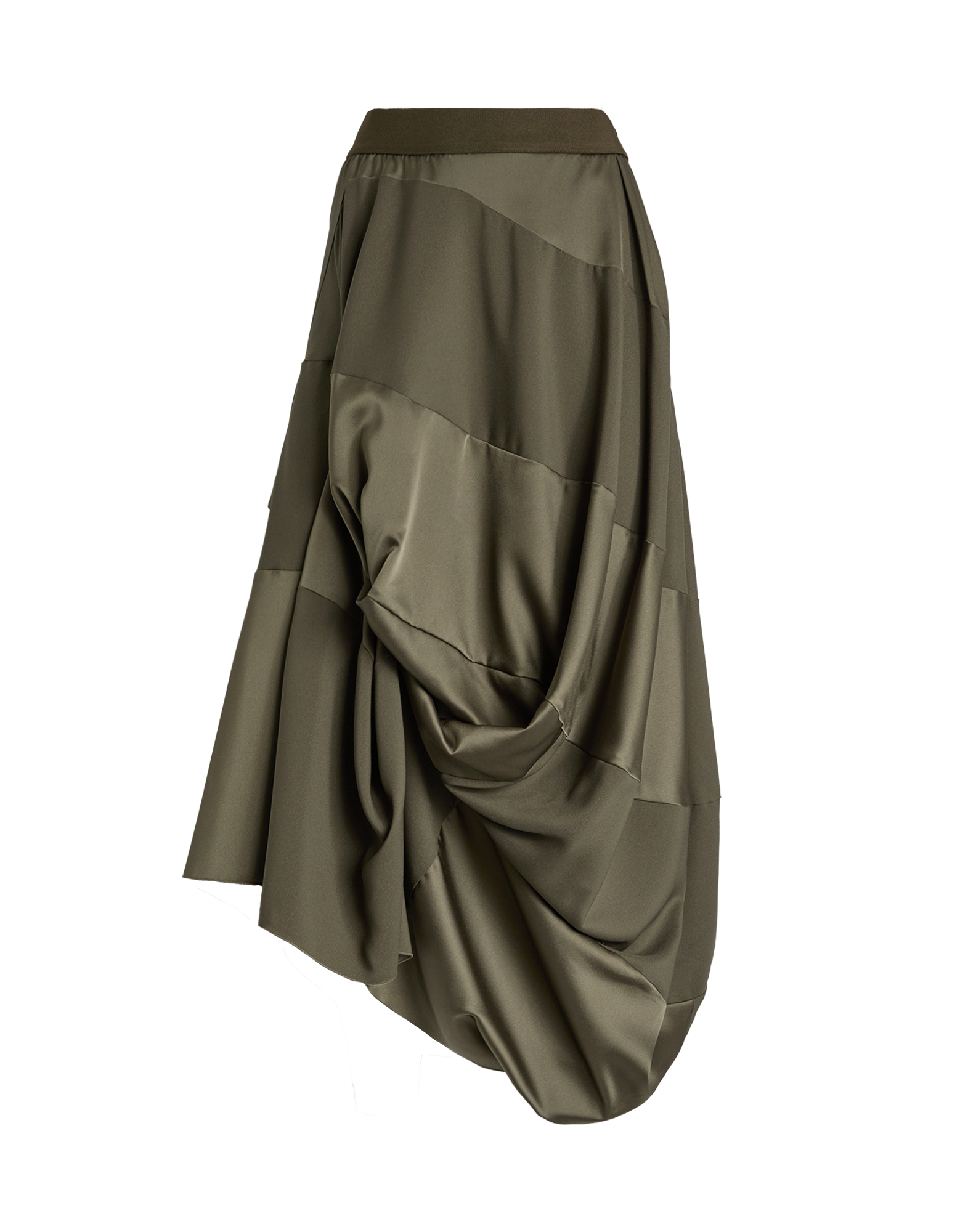 Front view of the GEEK skirt in flowing olive green tech satin with asymmetric draping, elastic waistband, and midi length. Hem is uneven.