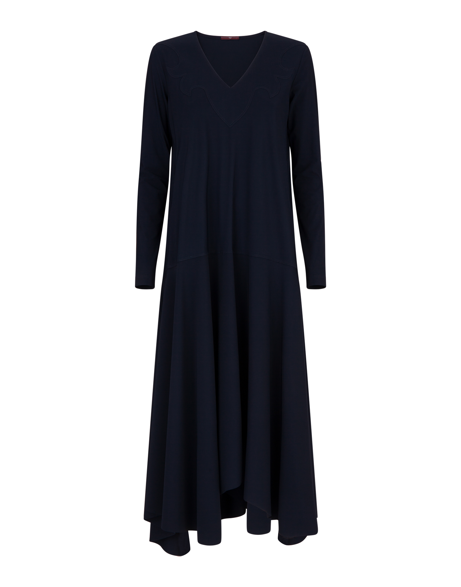 Front view of the MAYBE dress in navy blue Sensitive(R) jersey with V-neckline, long sleeves, and full skirt flaring longer at the back.