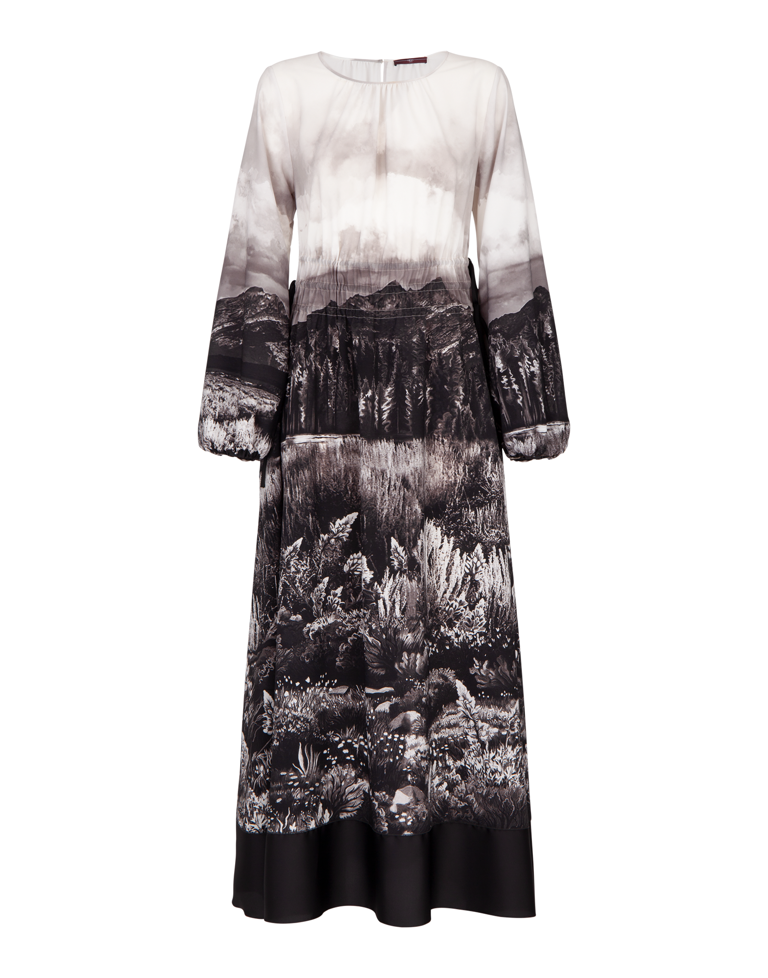 Front view of the RHYMING maxi dress in technical crepe with black and white 'Wyoming' landscape print, bell sleeves, wide hem and satin trim.