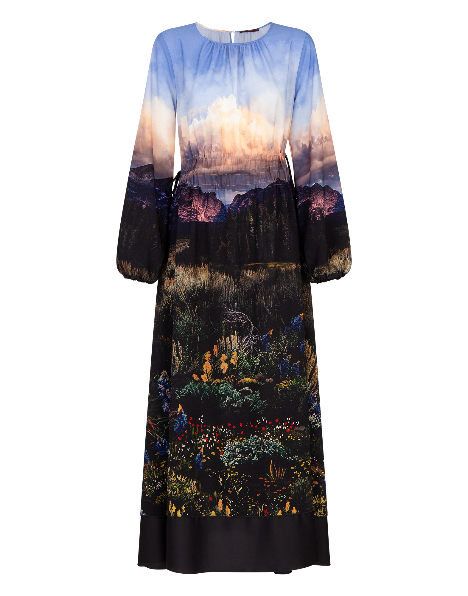 Front view of the RHYMING maxi-dress in technical crepe with multicoloured 'Wyoming' landscape print, wide cut, bell sleeves, and satin-trimmed hem.