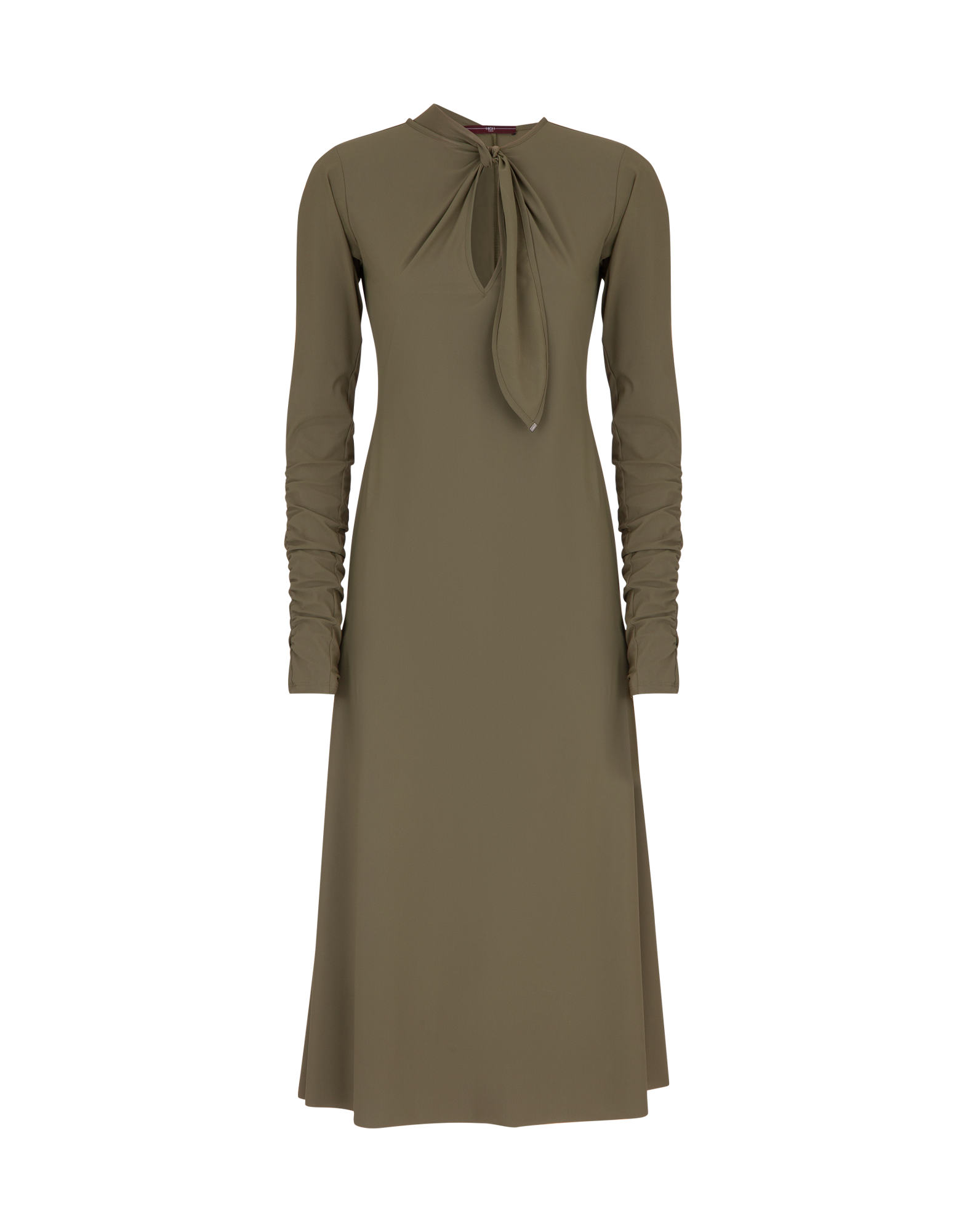 Frontal view: SINCERELY dress with flared cut in Sensitive(R) sports jersey, long slim sleeves with ruching, round neckline with tie, softly draped hem.