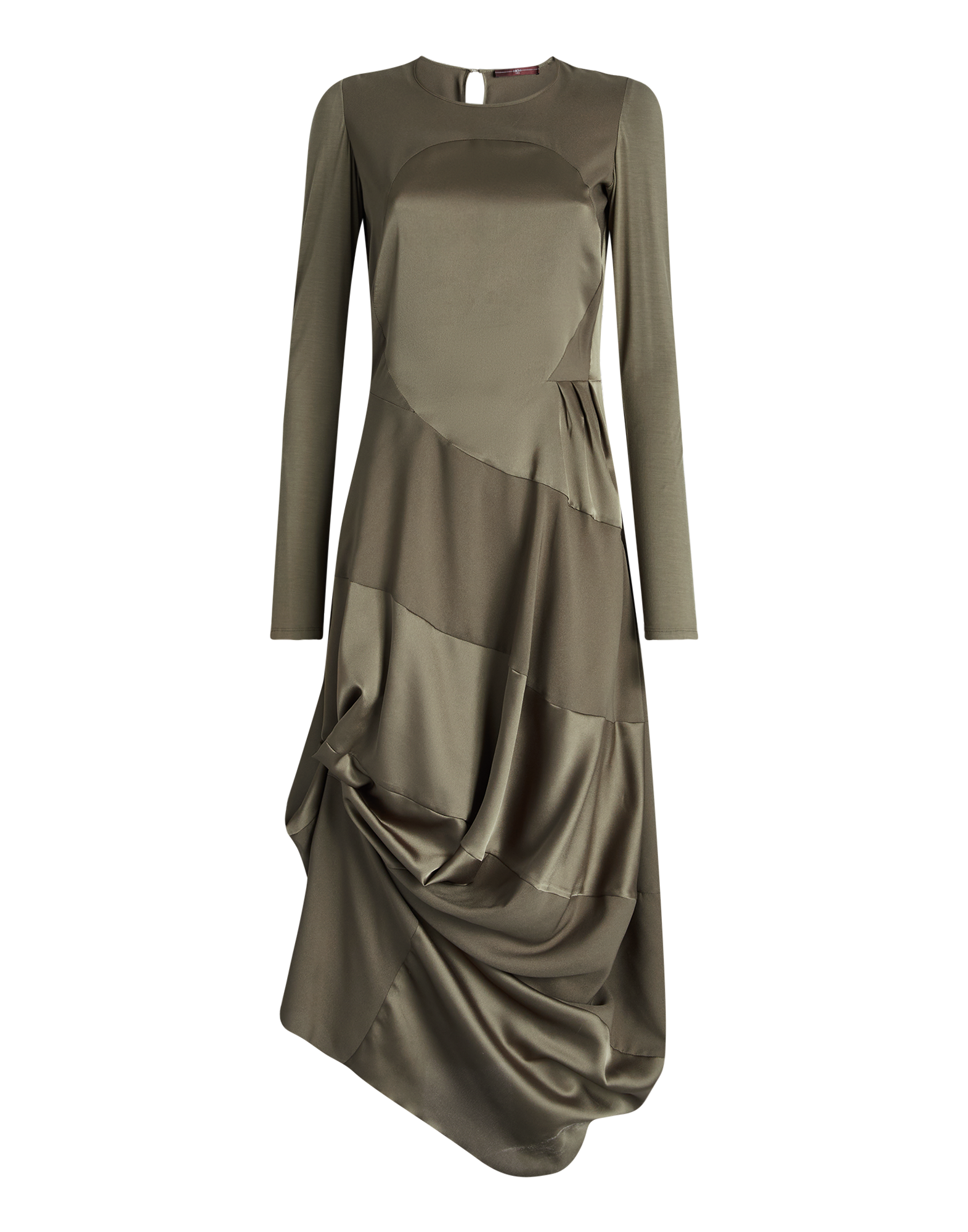 Front view of the PLACID dress with long sleeves, jersey upper part, shiny satin lower part, draped skirt, and round neckline.