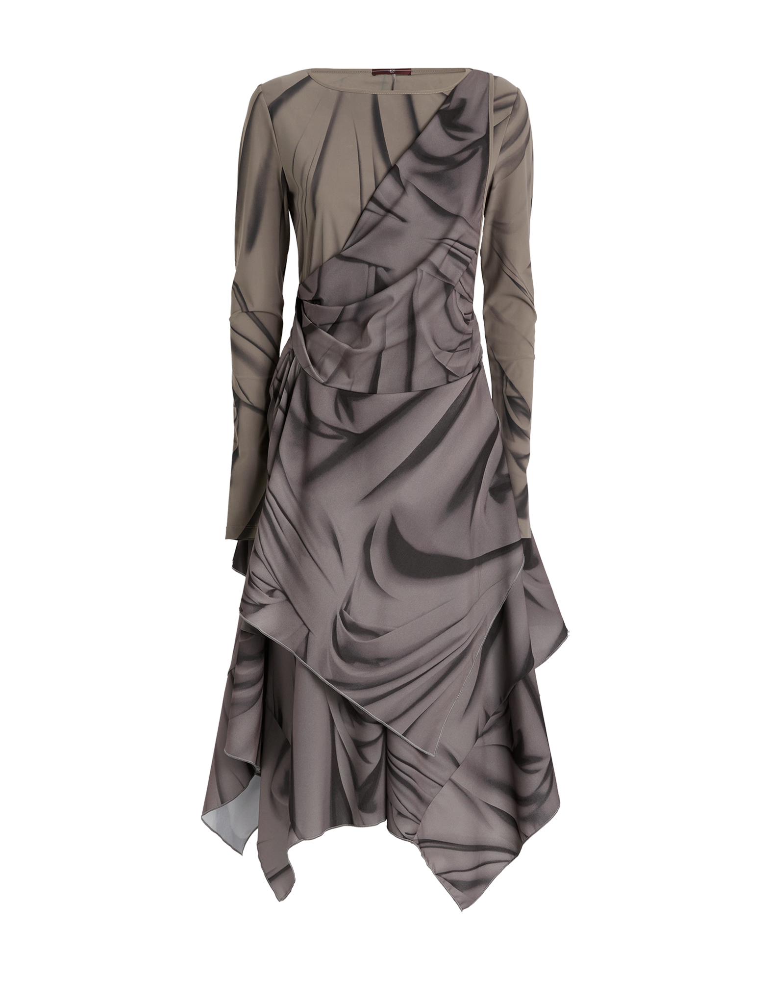 Front view of the TROUPE dress in technical crepe de chine with long sleeves, original Drapery motif, asymmetric hem, and round neckline.