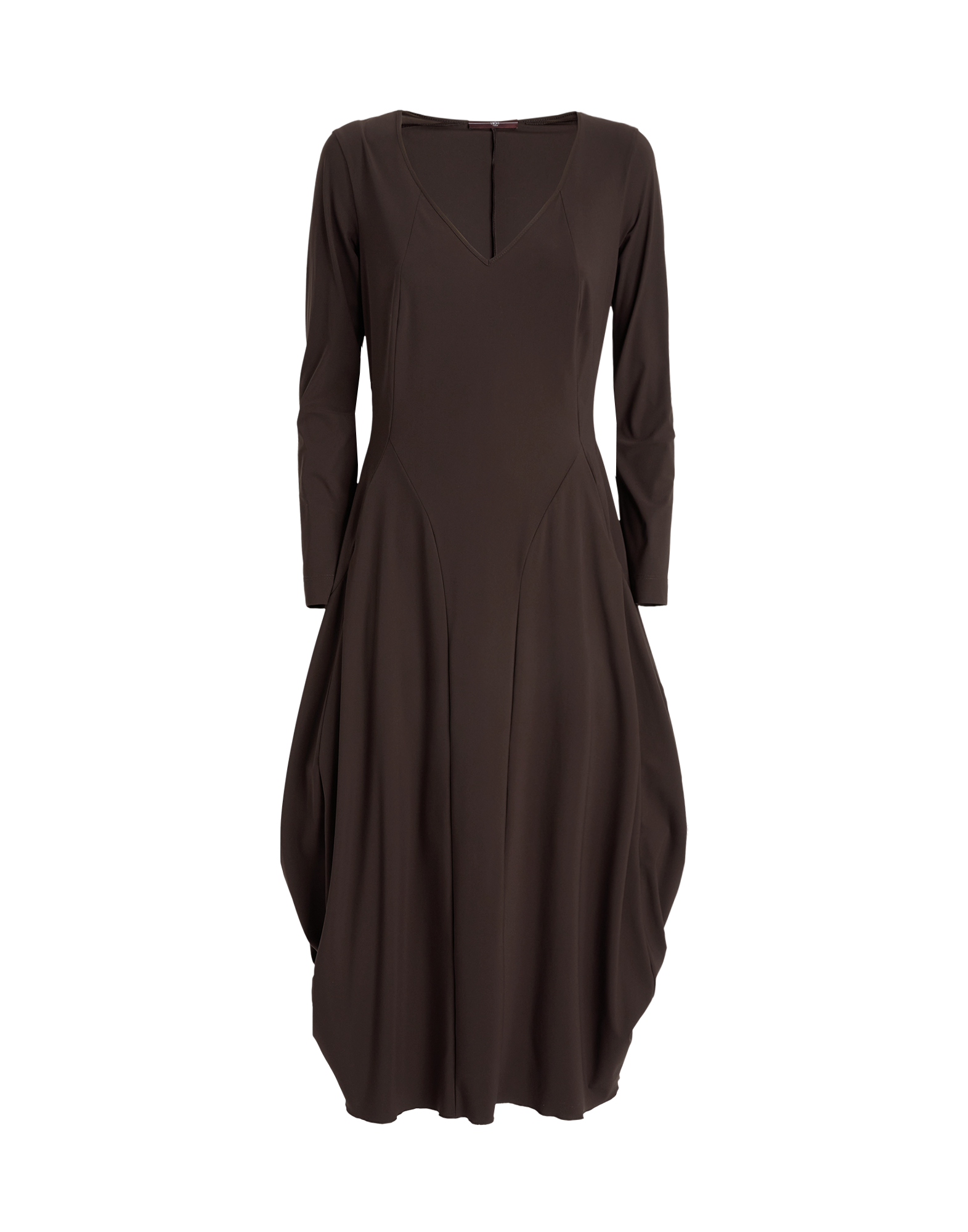 Front view of the AT-LENGTH dress featuring long sleeves, wide V-neckline, fitted bodice, and balloon-shaped hem, made from stretch Sensitive(R) fabric.