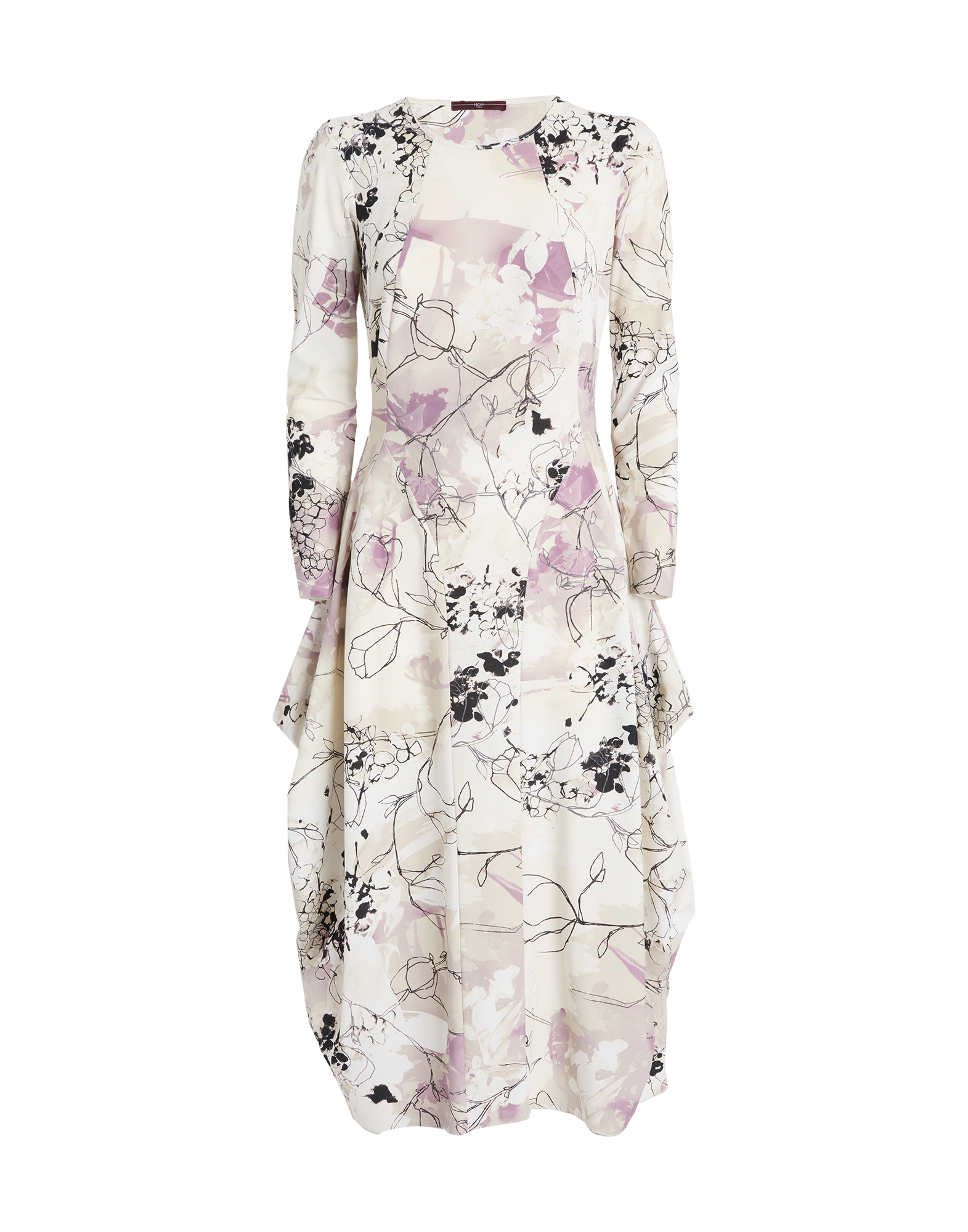 Front view of the AT-LENGTH dress with Layered Flowers print, long sleeves, wide crew neckline, and balloon-shaped cut, made from Sensitive(R) fabric.