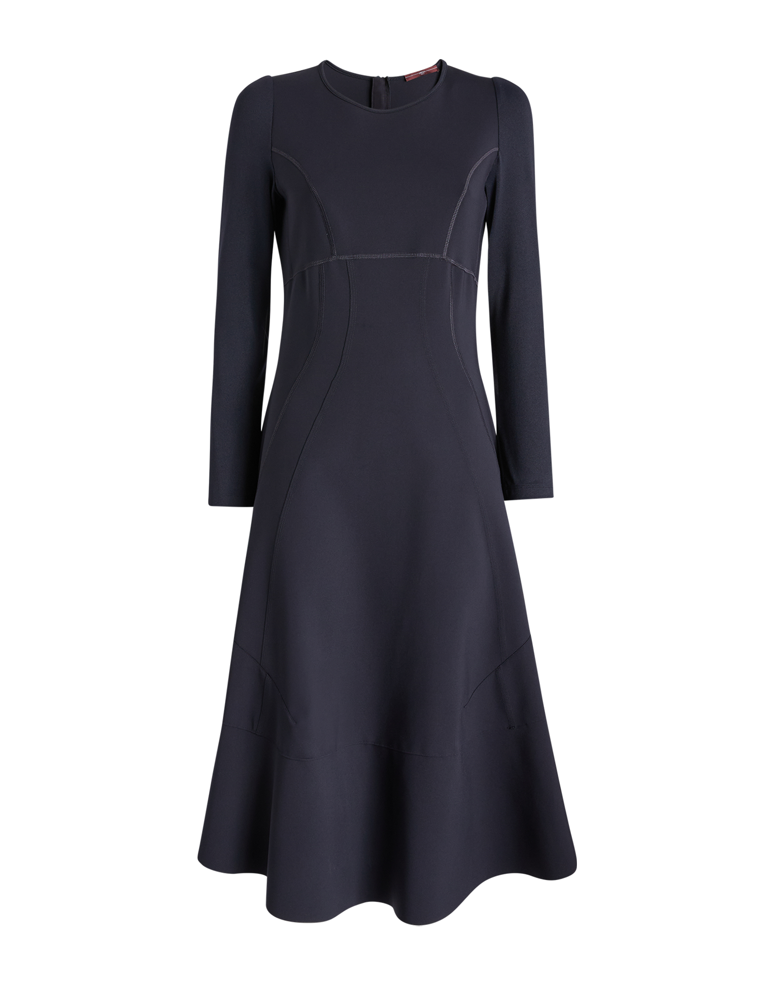 Frontalansicht des Kleids SYNCHRO, schlichtes Design mit rundem Ausschnitt, langen Ärmeln, sichtbaren Nähten, ausgestelltem Saum und mittlerem Gewicht.