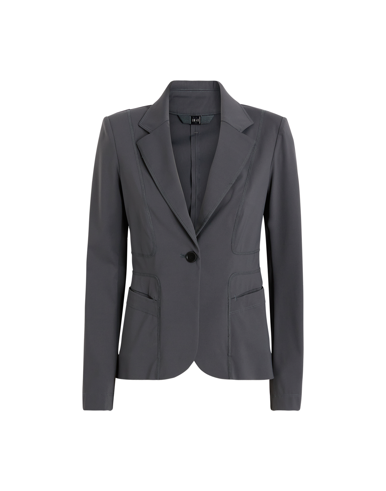 Front view of the NO-WAY blazer in dark grey, compact knit scuba fabric, single-breasted with one button, visible seams and padded shoulders.