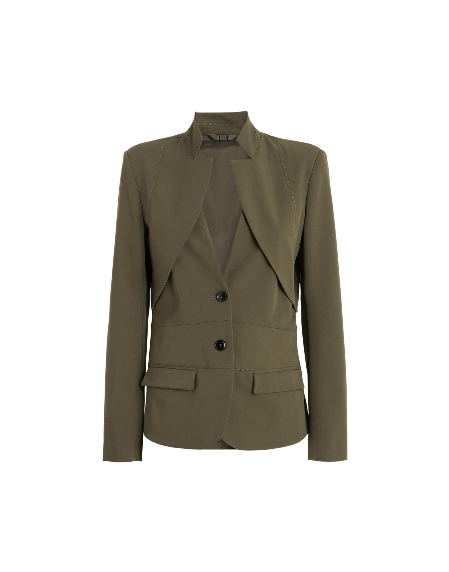 Front view of the PARALLAX jacket in olive green featuring an inverted collar, two button closures, visible seams, flap pockets, and padded shoulders.