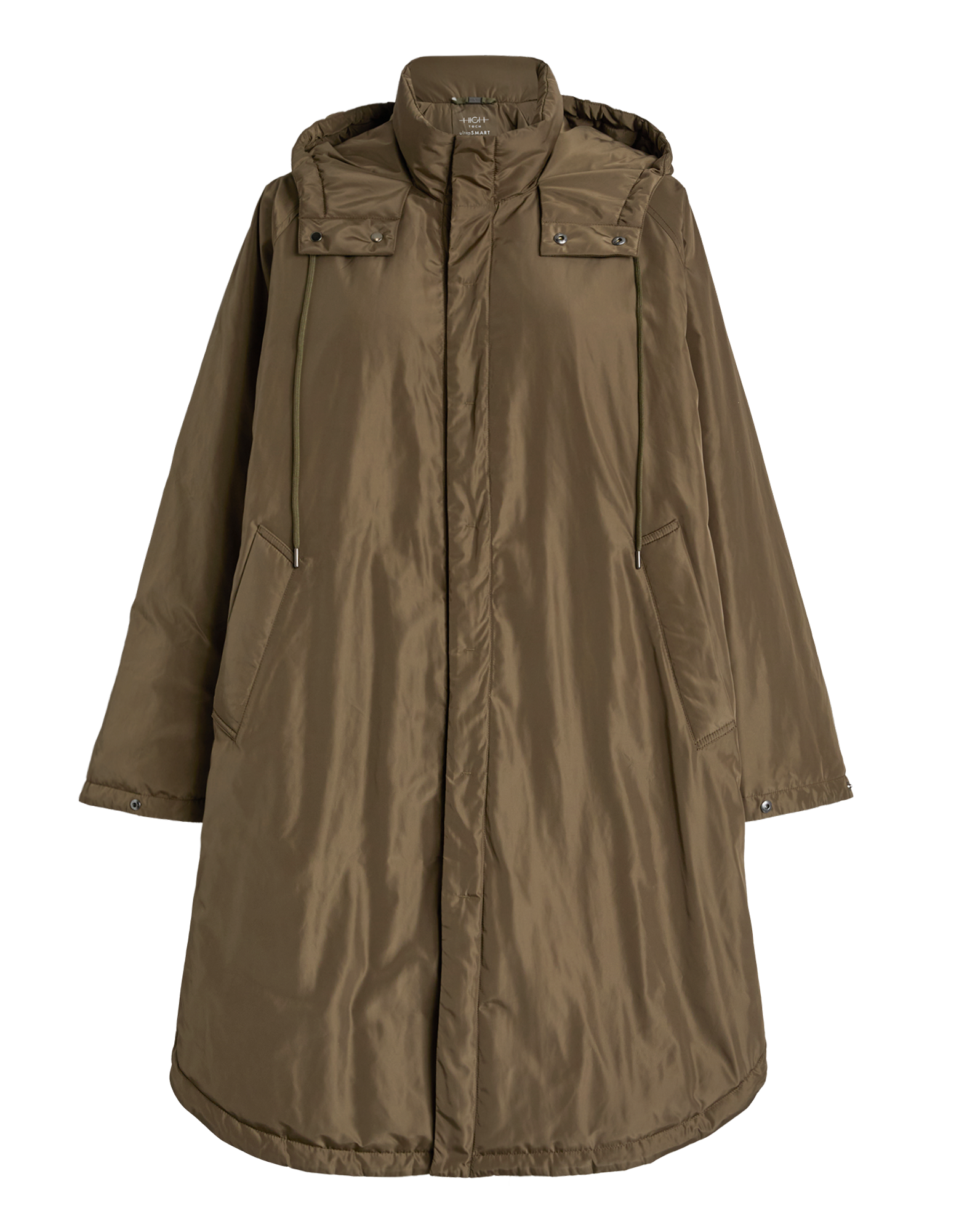 Front view of the COFFER parka in olive green, oversized with kimono sleeves, stand collar, hood, and concealed front closure, made from slightly shiny technical satin.