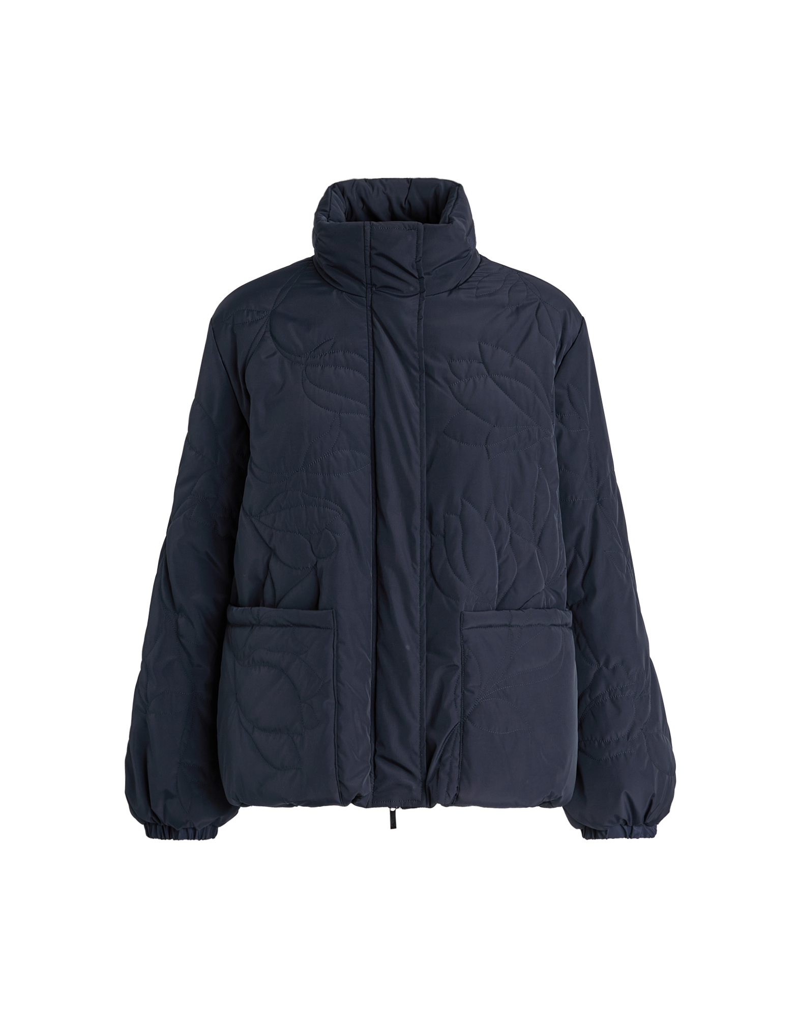 Front view of the BLURT jacket with stand collar, zipper, front patch pockets, elastic cuffs, and padded floral embroidery on water-repellent nylon.