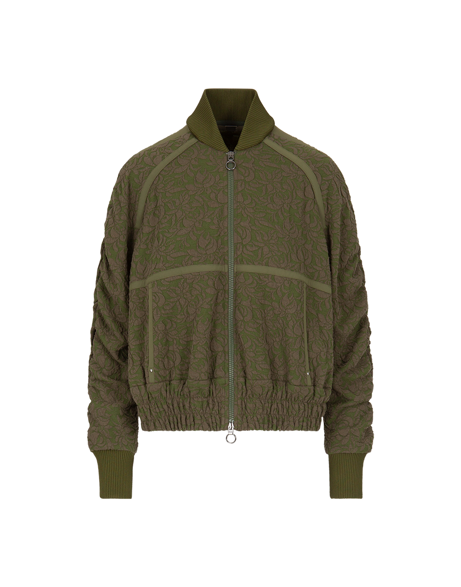 Front view of the BOAST bomber jacket in olive green, crafted from floral jacquard cotton blend jersey with rib knit baseball collar, two-way zipper, and raglan sleeves with ruching.