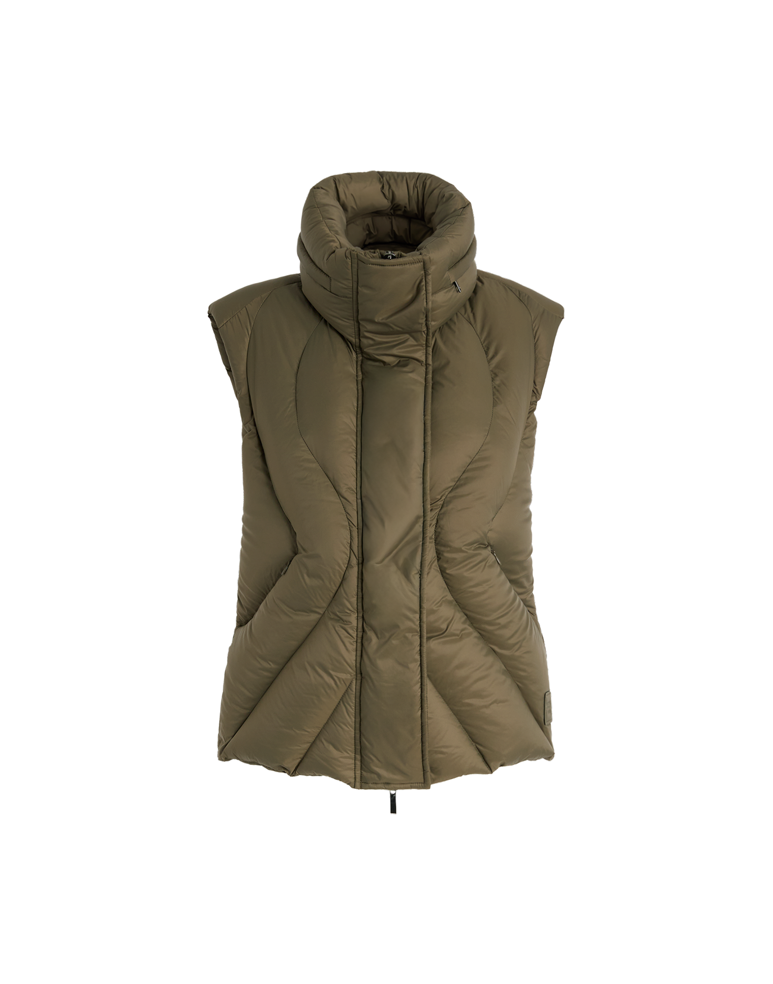 Front view of the SPIFFY vest, olive green, featuring a high, padded stand-up collar with integrated hood, curved seams, and concealed front zipper.