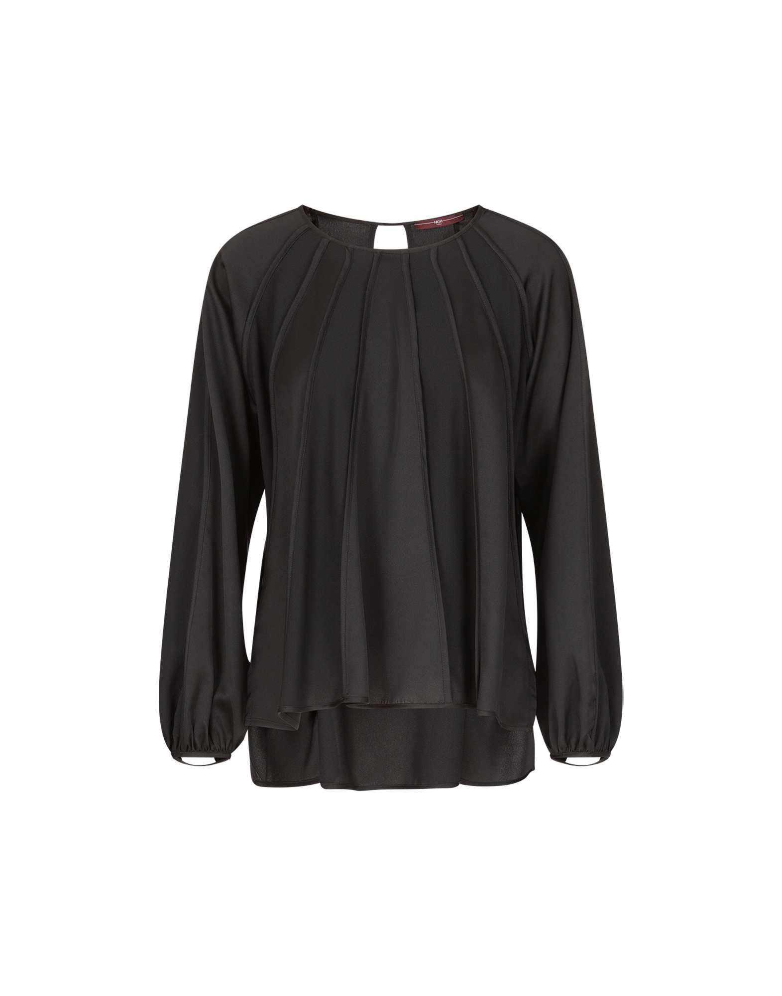 Front view of the GIVE CHASE top in black featuring alternating matte and shiny crepe satin, wide round neckline, and long raglan sleeves with narrow cuffs.