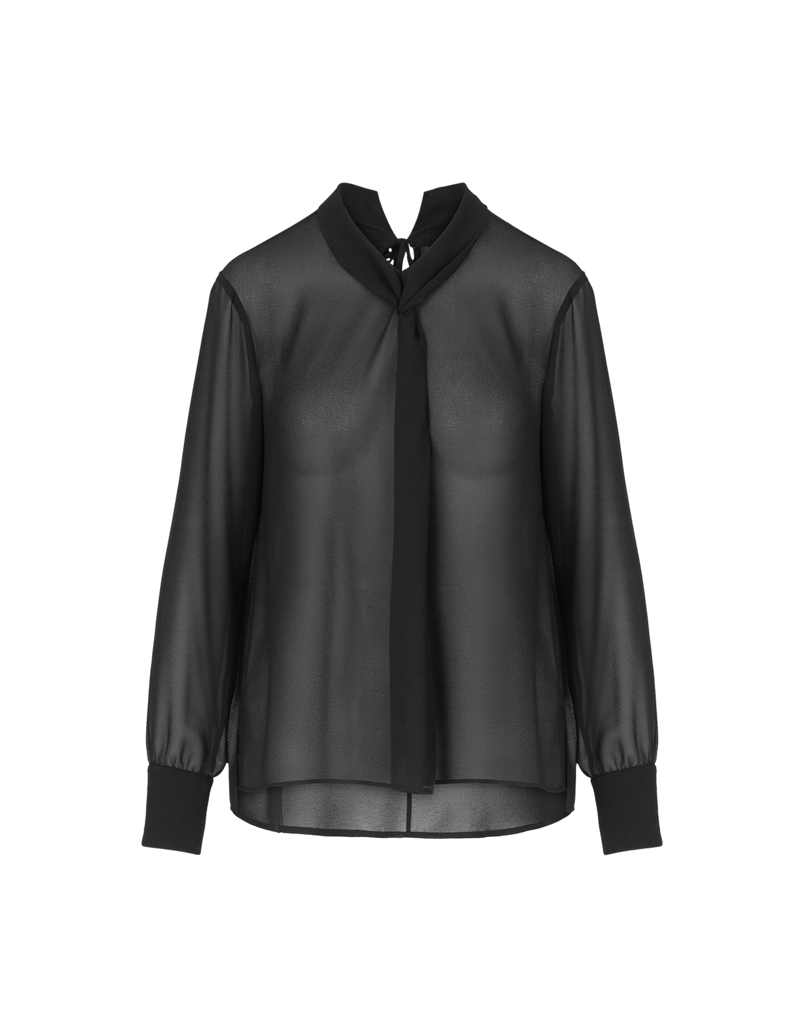 Frontalansicht der VICE VERSA: Weite Bluse aus schwarzem, transparentem Funktions-Georgette mit Wickelkragen, langen Ärmeln und geradem Saum.