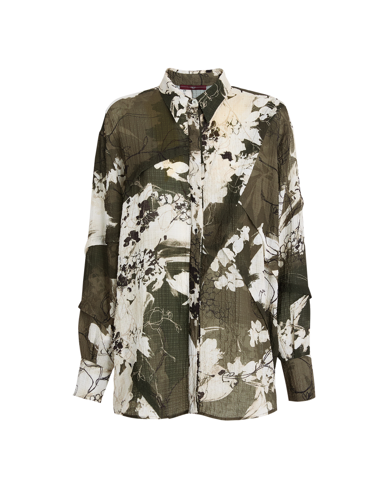 Front view of the oversized shirt WARRANT with 'Layered Flowers' pattern in green and khaki tones, classic notched collar, concealed button placket, and long sleeves.